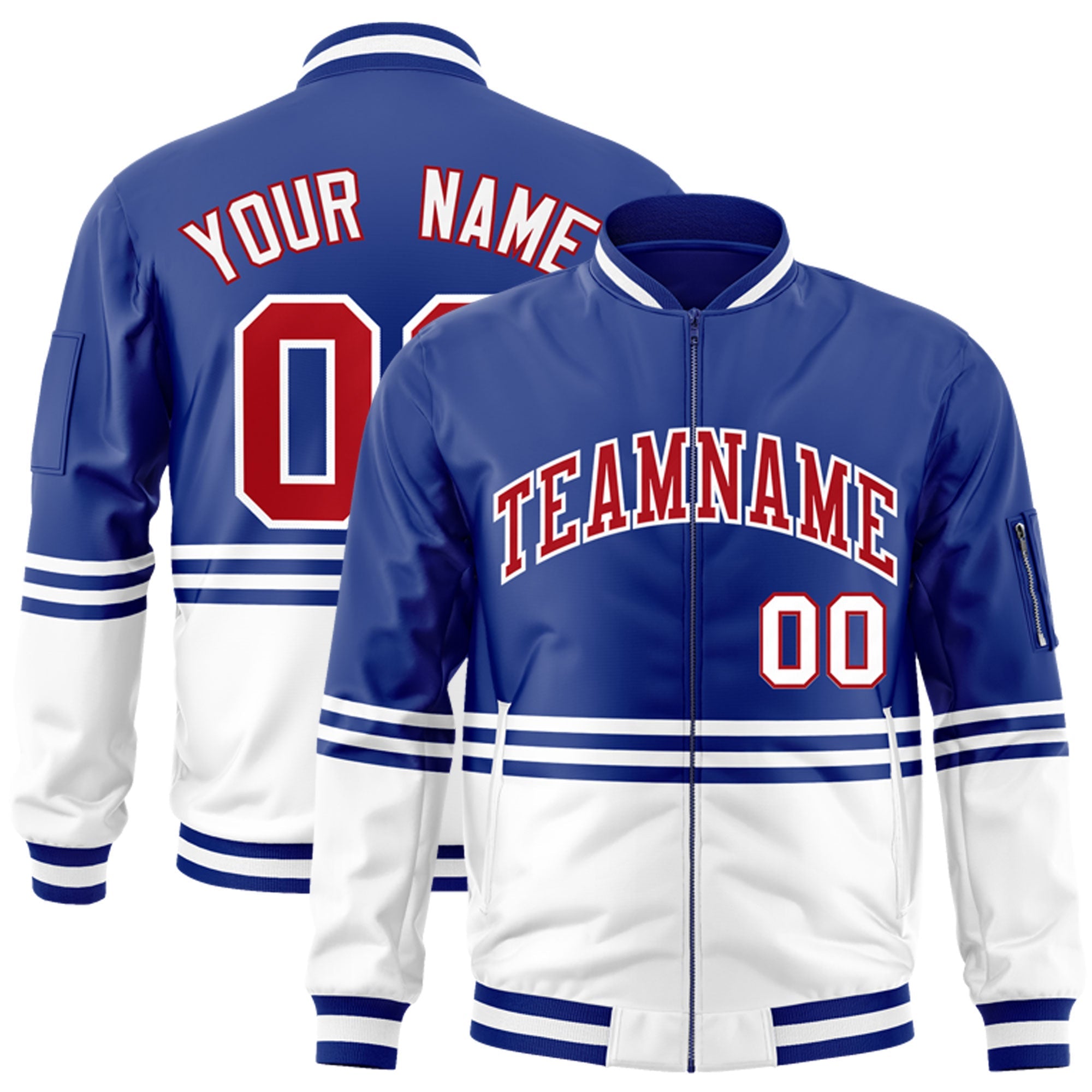 Custom Royal Red-White Varsity Full-Zip Color Block Letterman Bomber Jacket