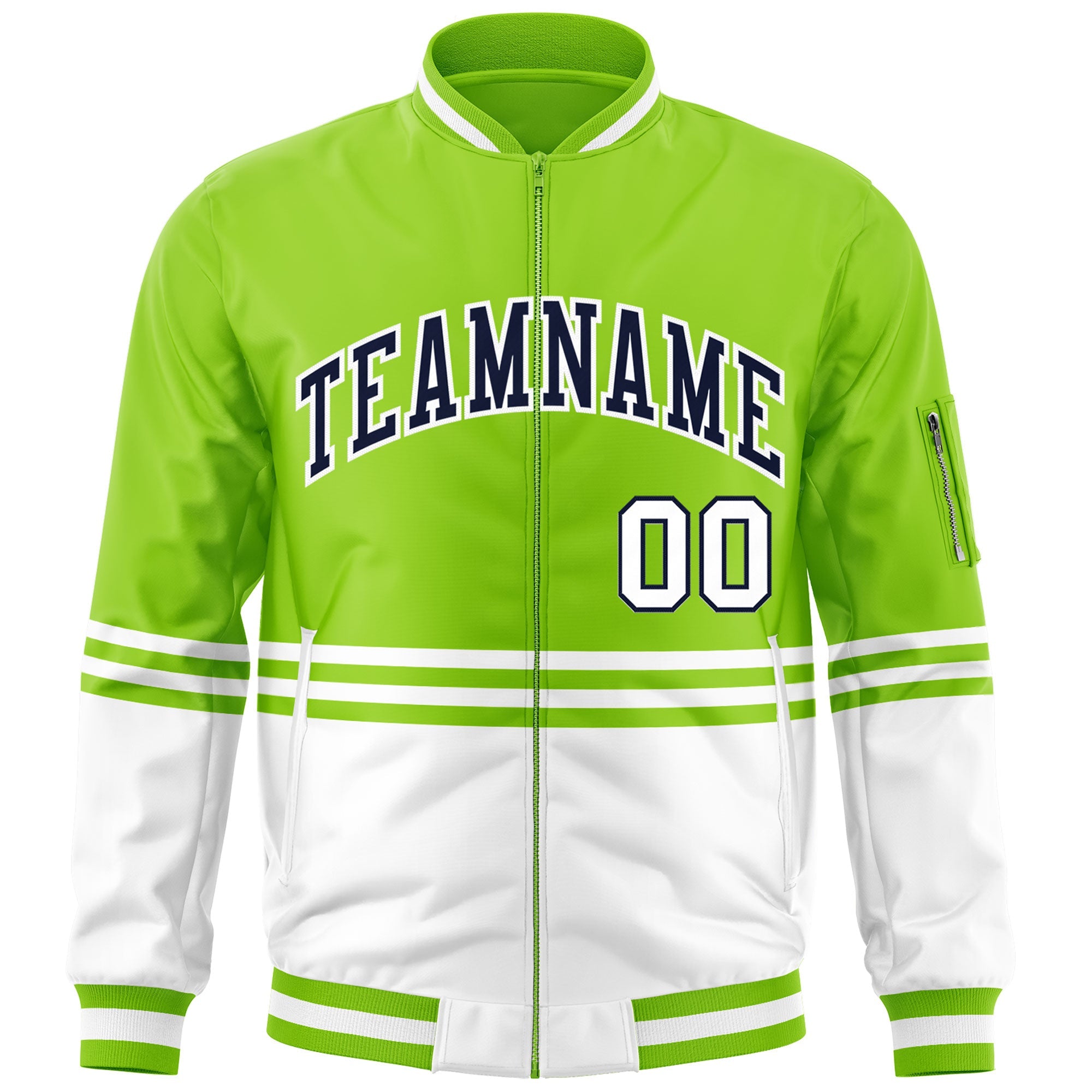 Custom Neon Green Navy-White Varsity Full-Zip Color Block Letterman Bomber Jacket