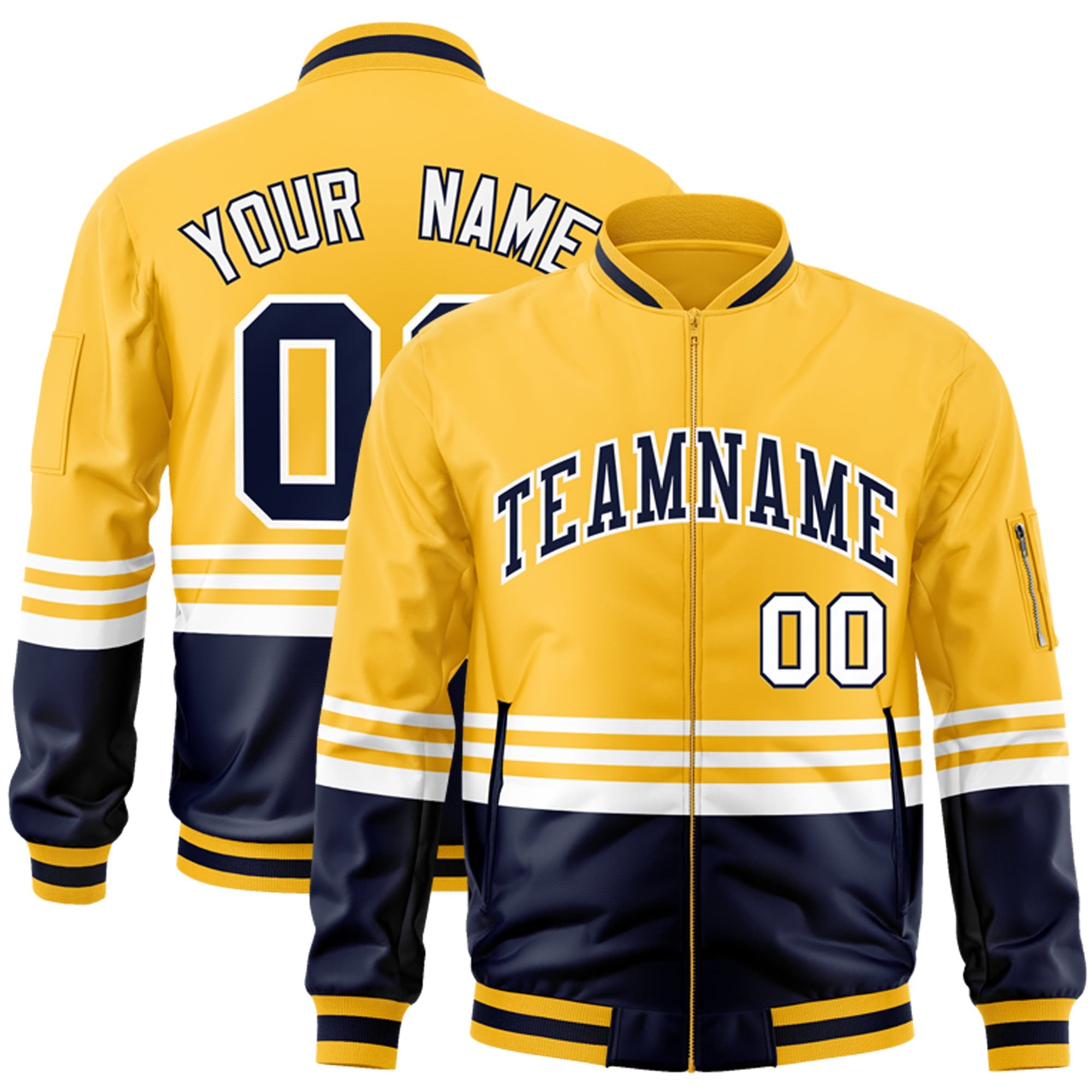 Custom Gold Navy-White Varsity Full-Zip Color Block Letterman Bomber Jacket