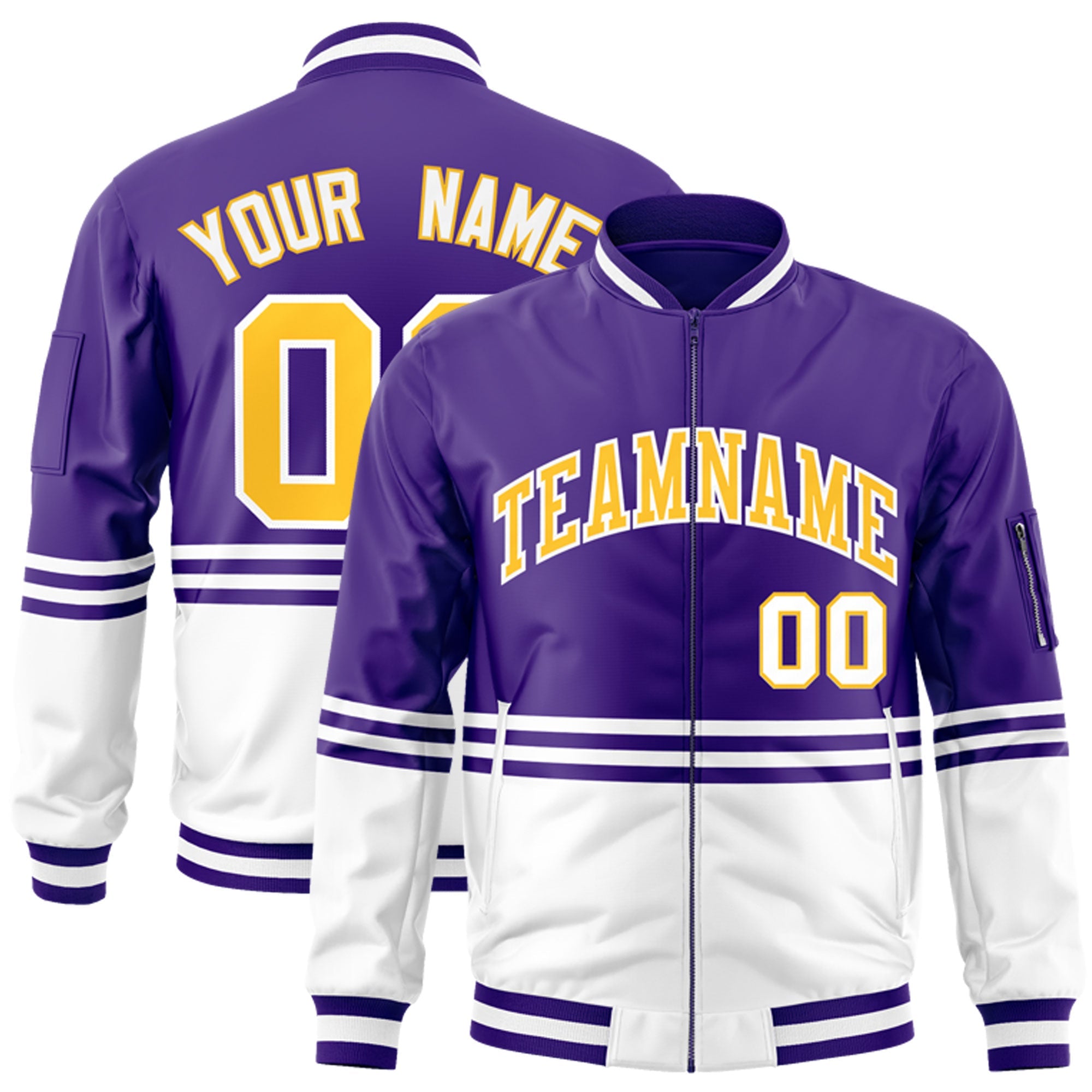 Custom Purple Gold-White Varsity Full-Zip Color Block Letterman Bomber Jacket