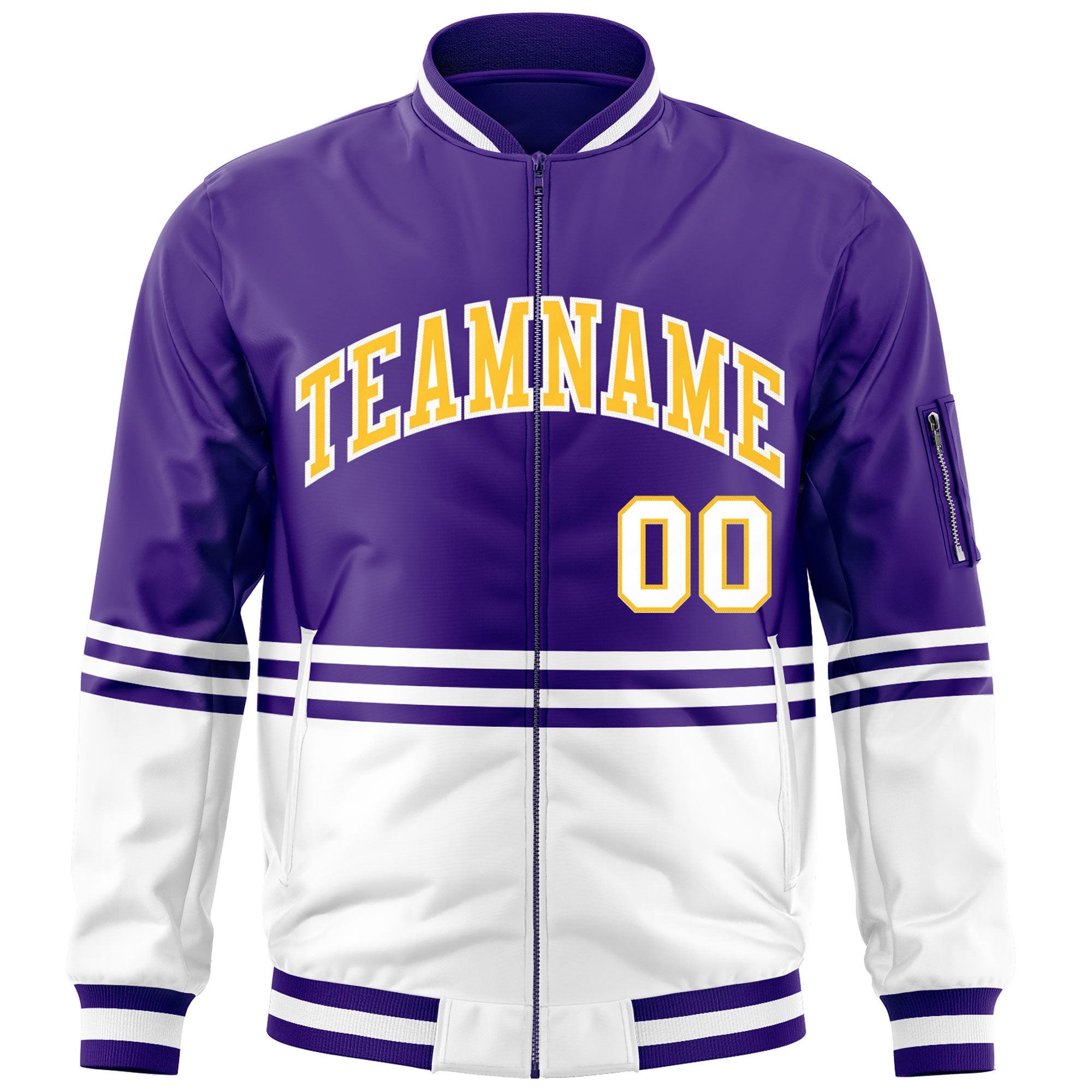 Custom Purple Gold-White Varsity Full-Zip Color Block Letterman Bomber Jacket