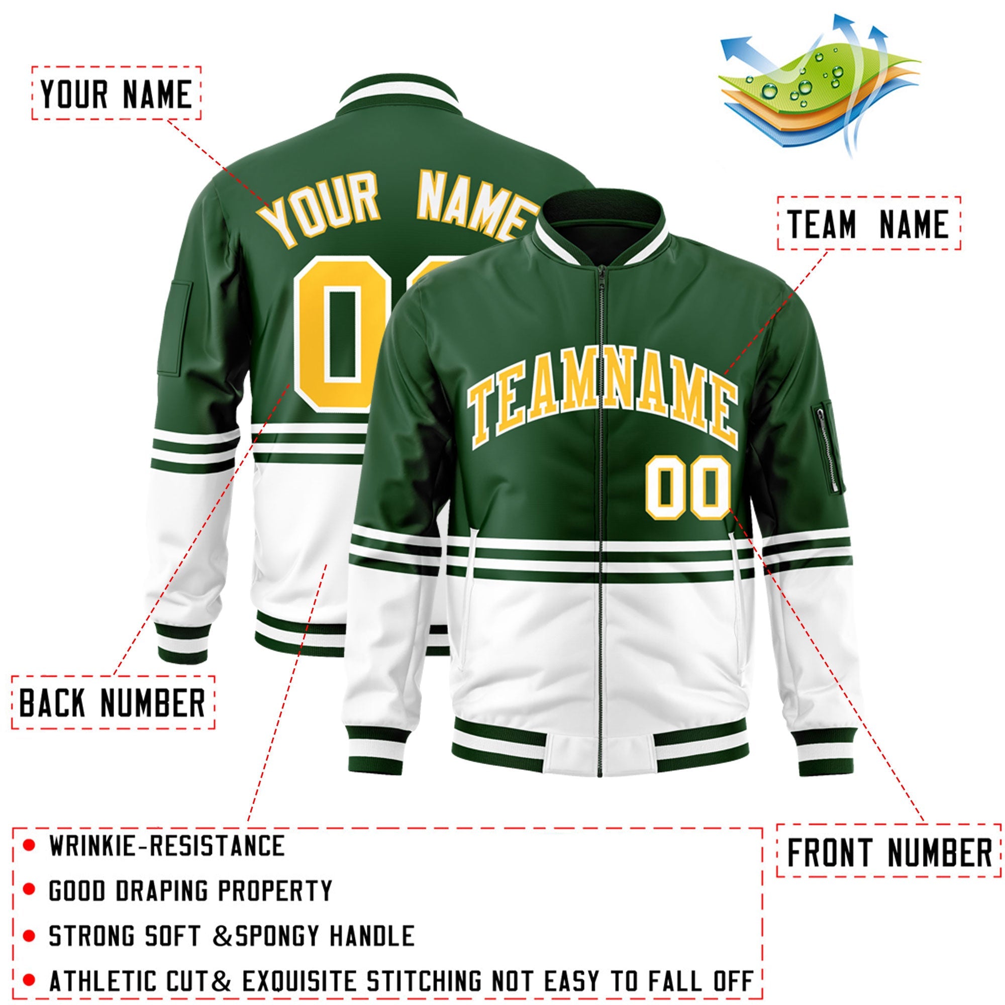 Custom Green Gold-White Varsity Full-Zip Color Block Letterman Bomber Jacket