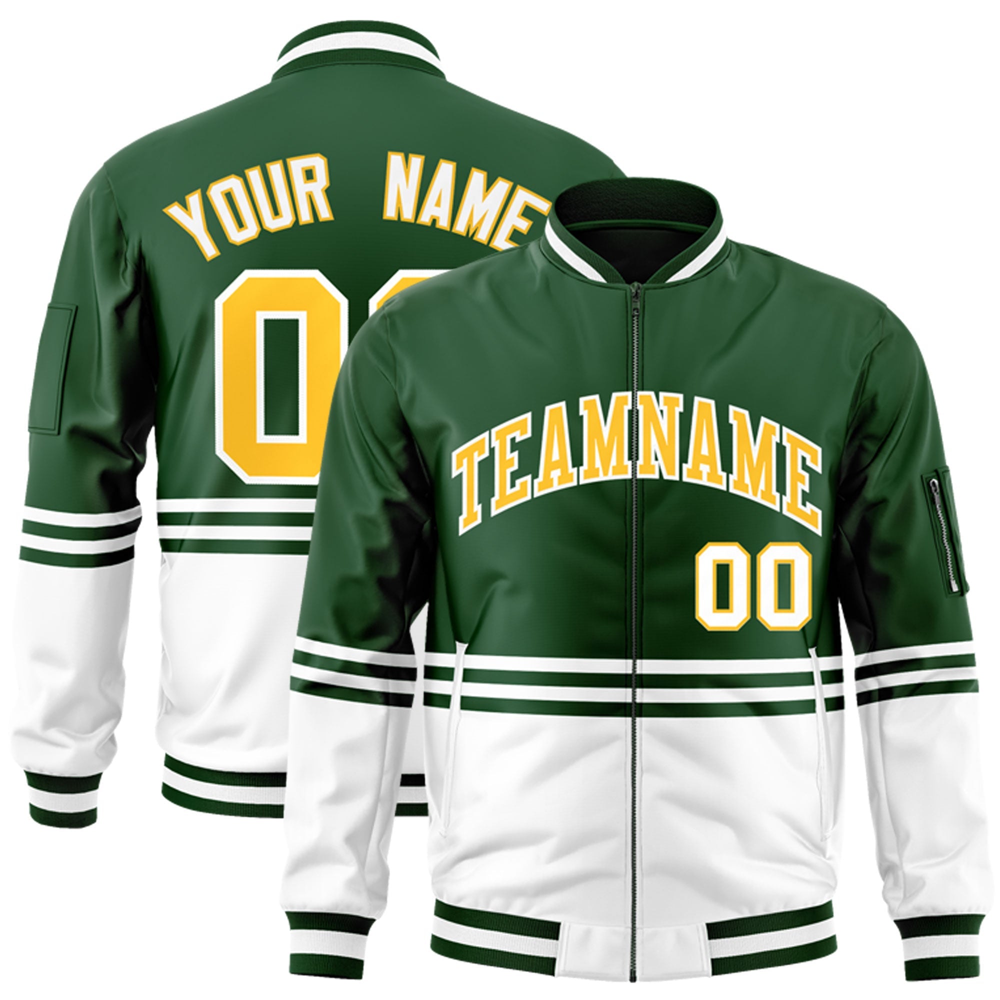 Custom Green Gold-White Varsity Full-Zip Color Block Letterman Bomber Jacket