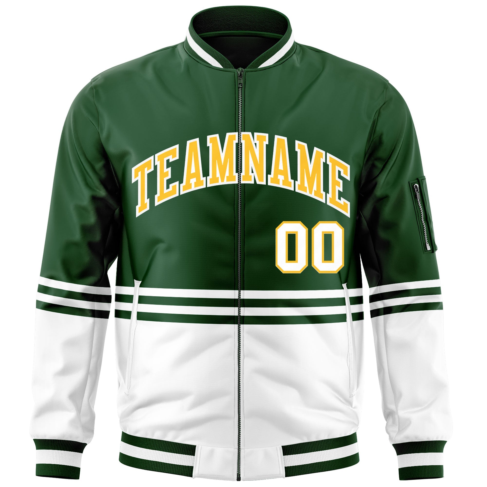 Custom Green Gold-White Varsity Full-Zip Color Block Letterman Bomber Jacket