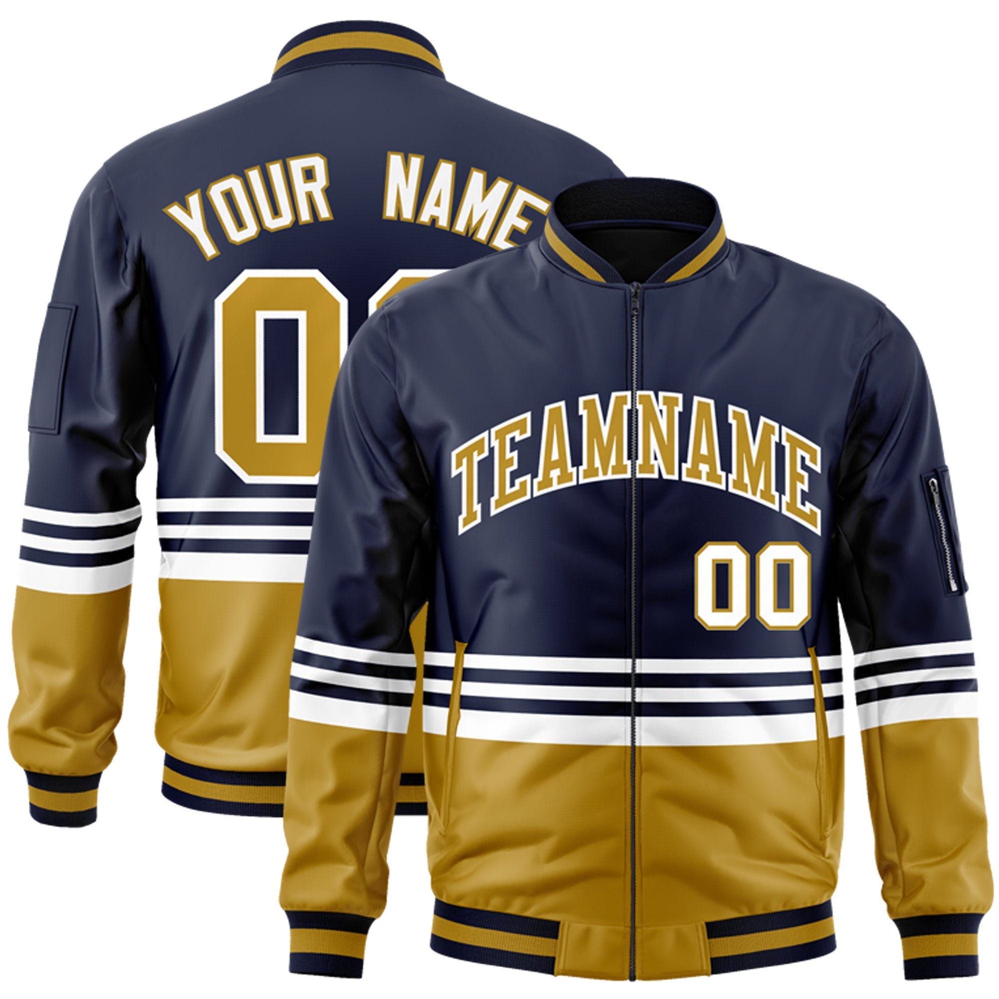 Custom Navy Old Gold-White Varsity Full-Zip Color Block Letterman Bomber Jacket