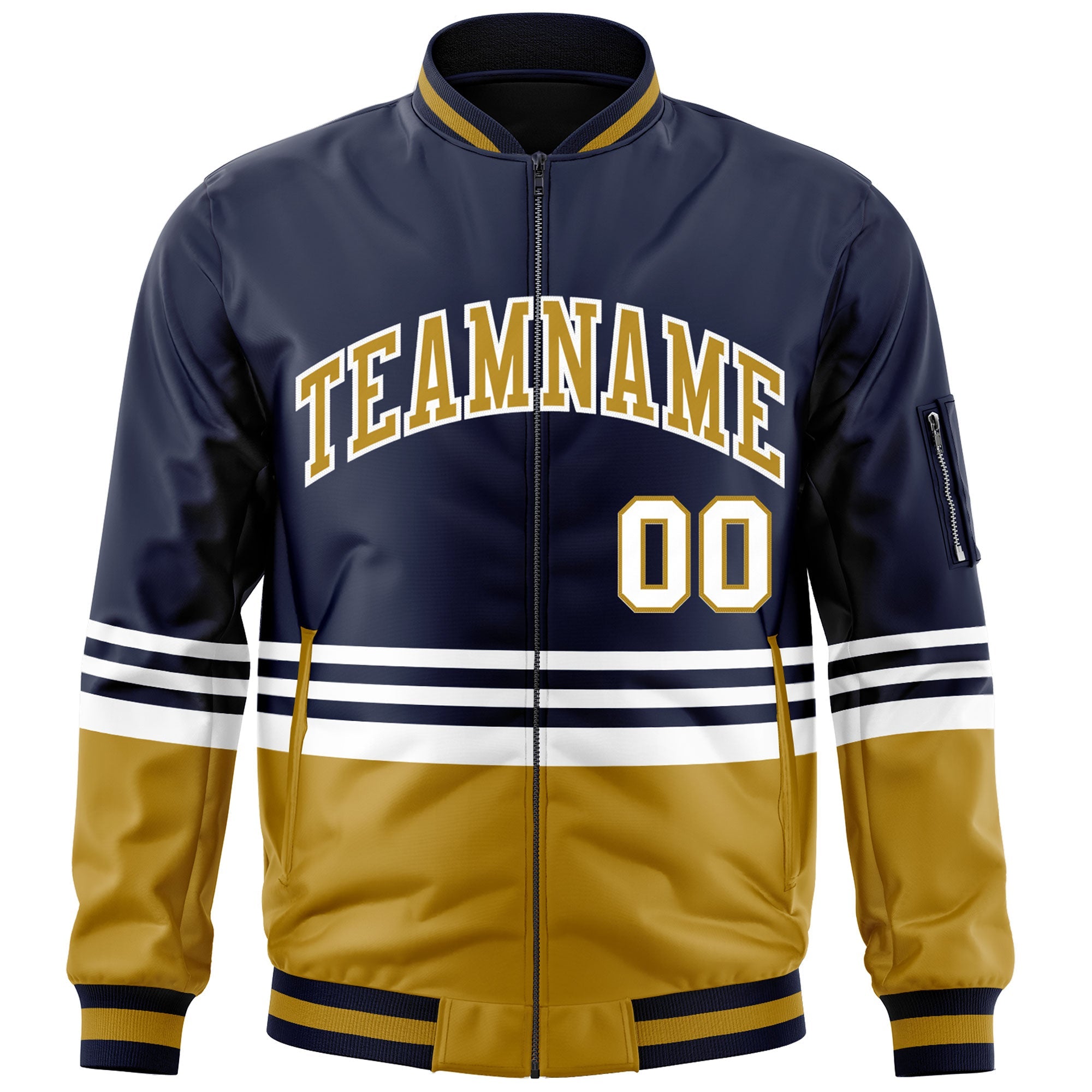 Custom Navy Old Gold-White Varsity Full-Zip Color Block Letterman Bomber Jacket