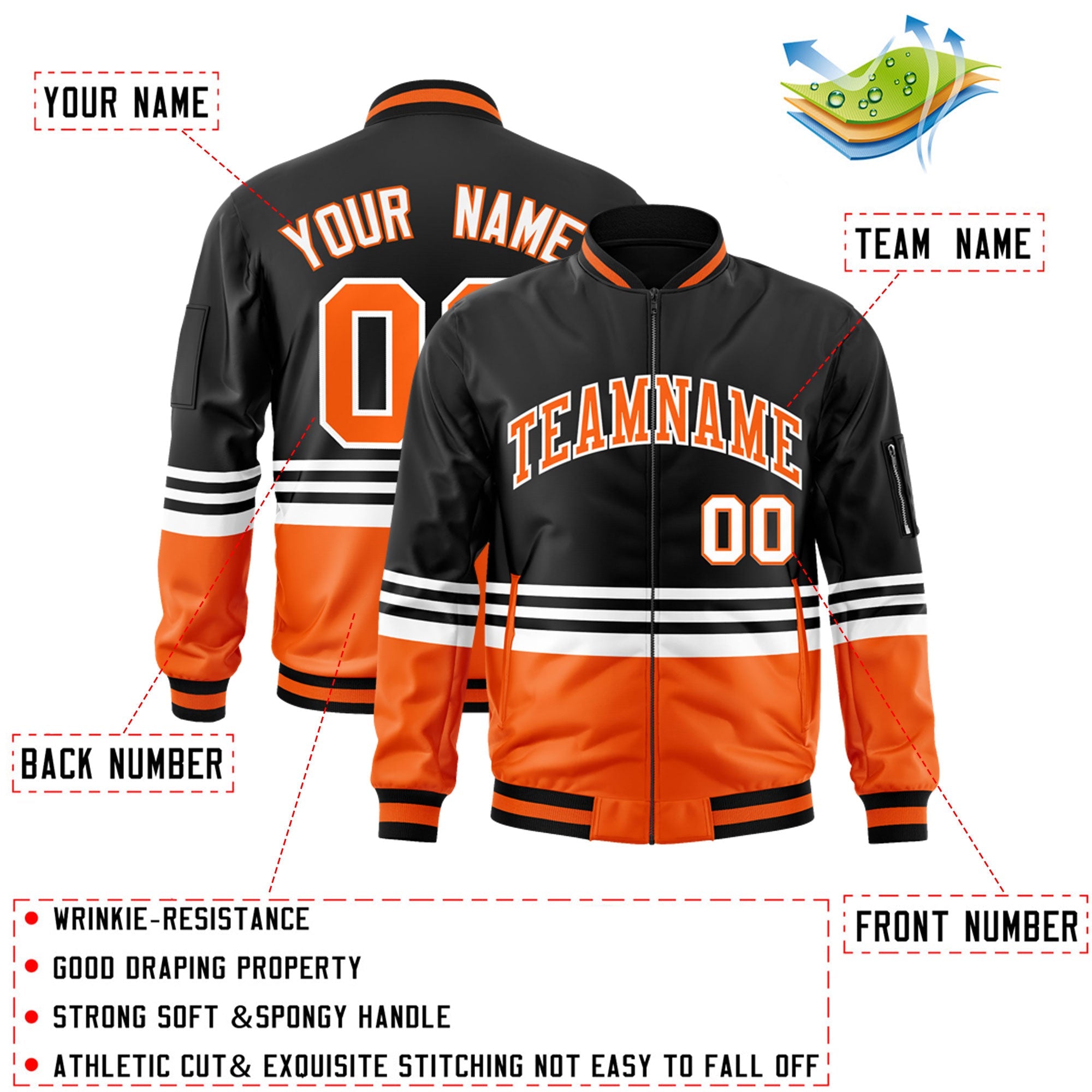 Custom Black Orange-White Varsity Full-Zip Color Block Letterman Bomber Jacket