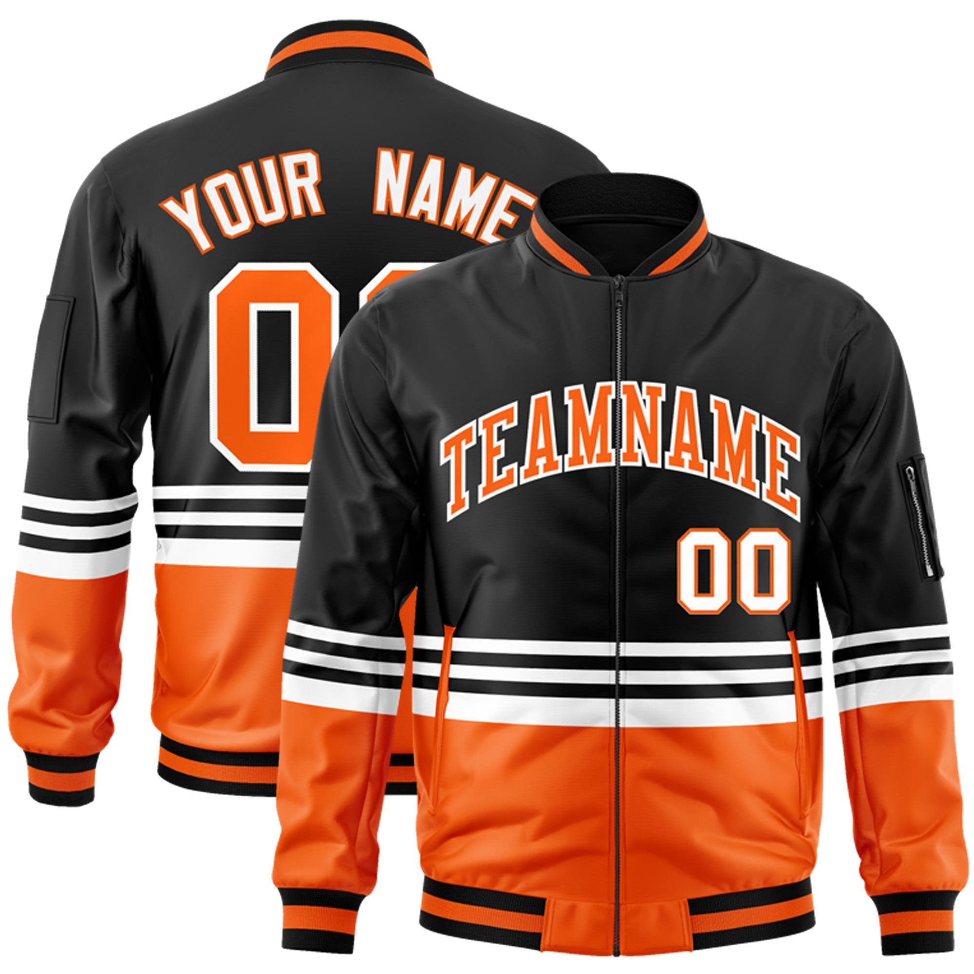 Custom Black Orange-White Varsity Full-Zip Color Block Letterman Bomber Jacket