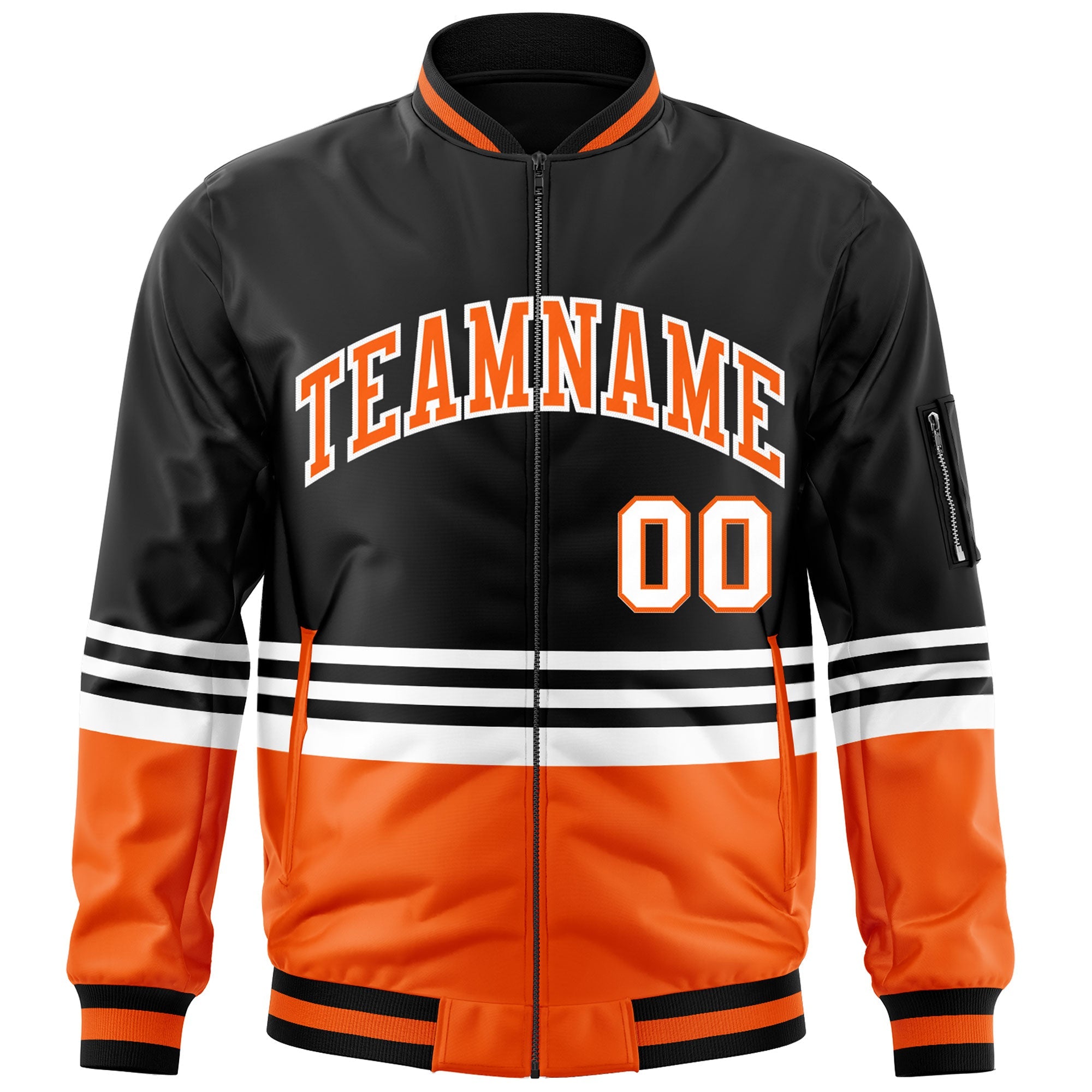 Custom Black Orange-White Varsity Full-Zip Color Block Letterman Bomber Jacket