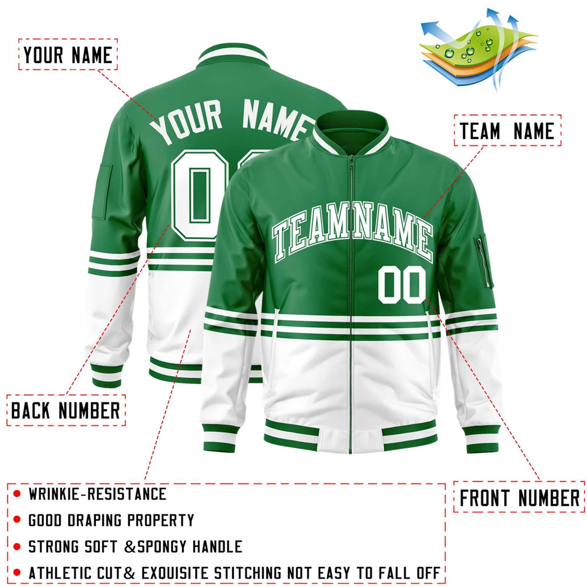 Custom Kelly Green White Varsity Full-Zip Color Block Letterman Bomber Jacket