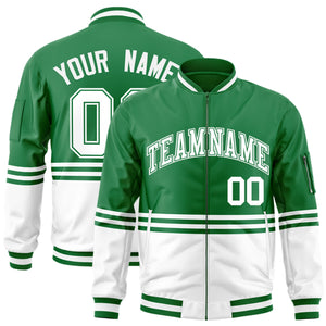 Custom Kelly Green White Varsity Full-Zip Color Block Letterman Bomber Jacket