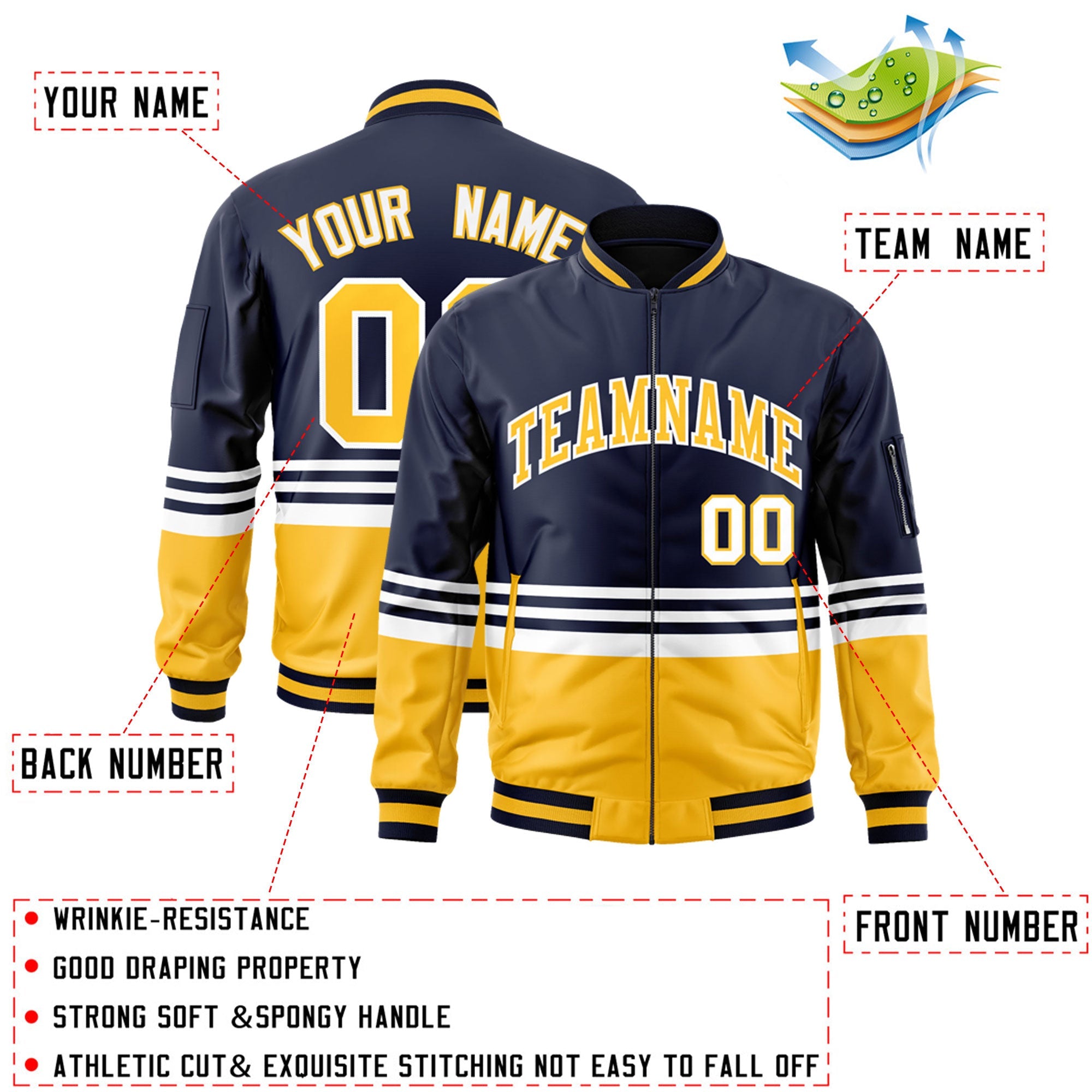 Custom Navy Gold-White Varsity Full-Zip Color Block Letterman Bomber Jacket