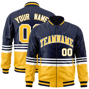 Custom Navy Gold-White Varsity Full-Zip Color Block Letterman Bomber Jacket