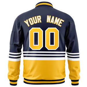 Custom Navy Gold-White Varsity Full-Zip Color Block Letterman Bomber Jacket