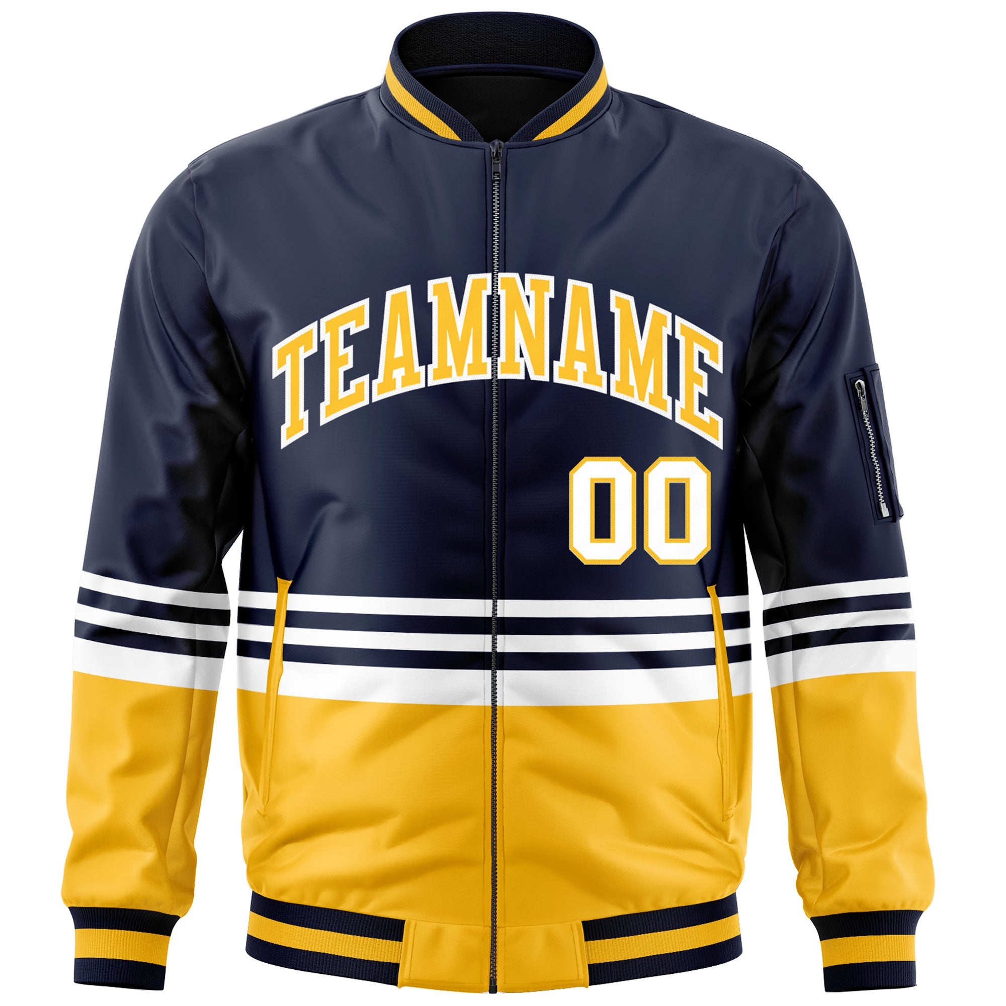 Custom Navy Gold-White Varsity Full-Zip Color Block Letterman Bomber Jacket