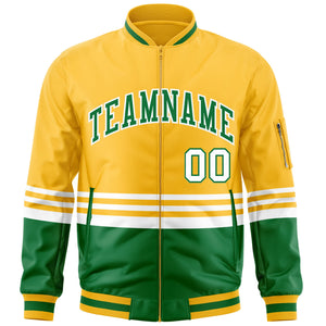 Custom Gold Kelly Green-White Varsity Full-Zip Color Block Letterman Bomber Jacket