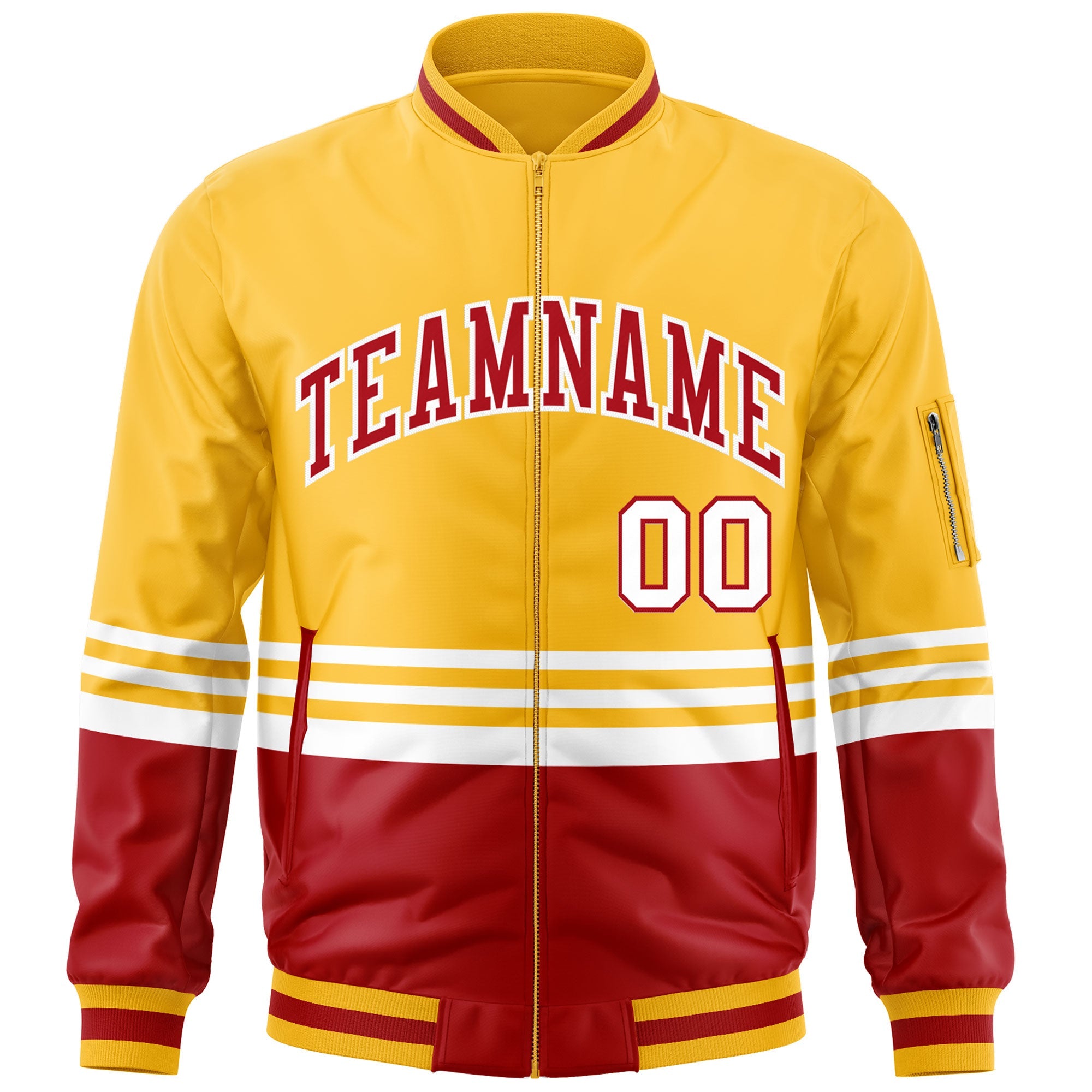 Custom Gold Red-White Varsity Full-Zip Color Block Letterman Bomber Jacket