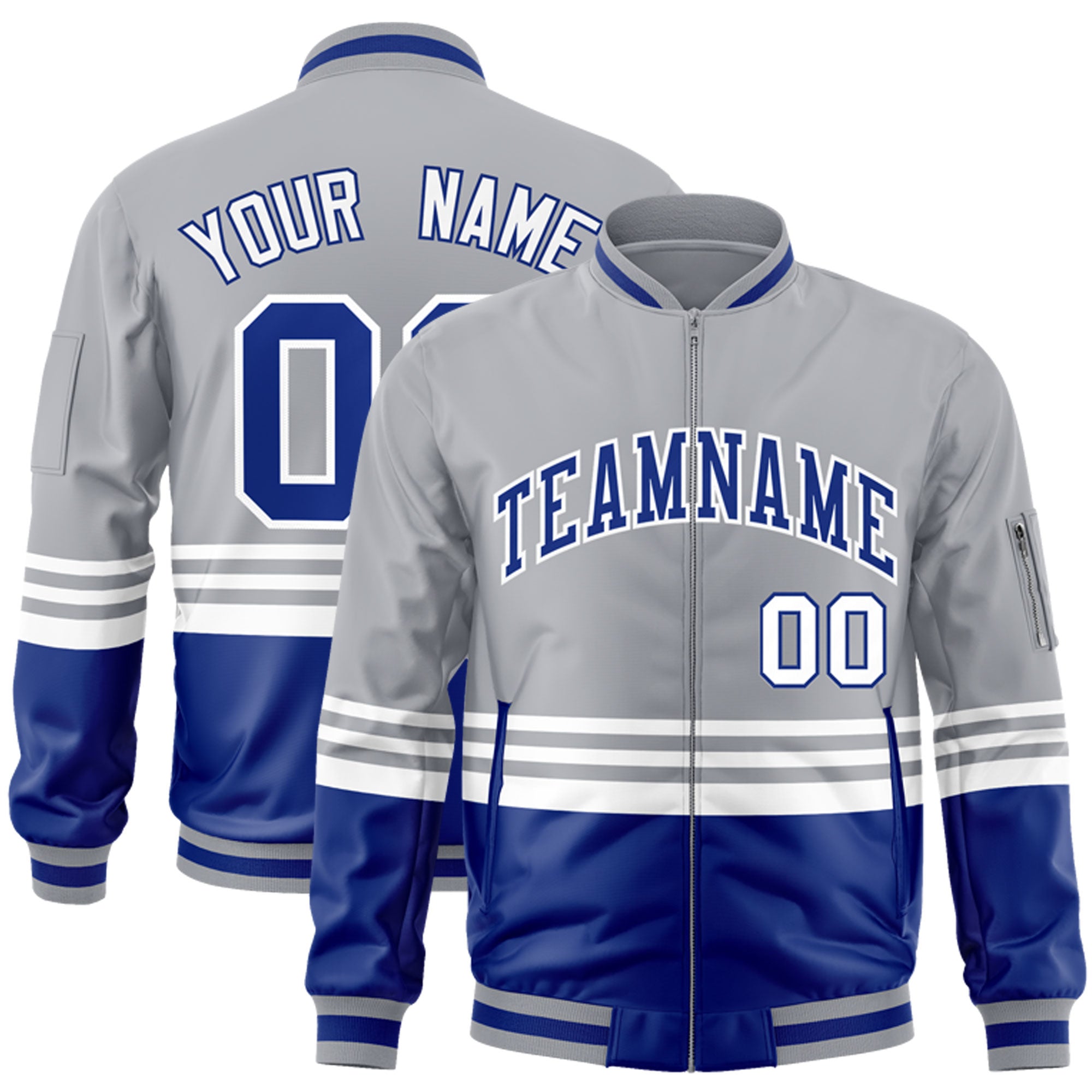 Custom Gray Royal-White Varsity Full-Zip Color Block Letterman Bomber Jacket