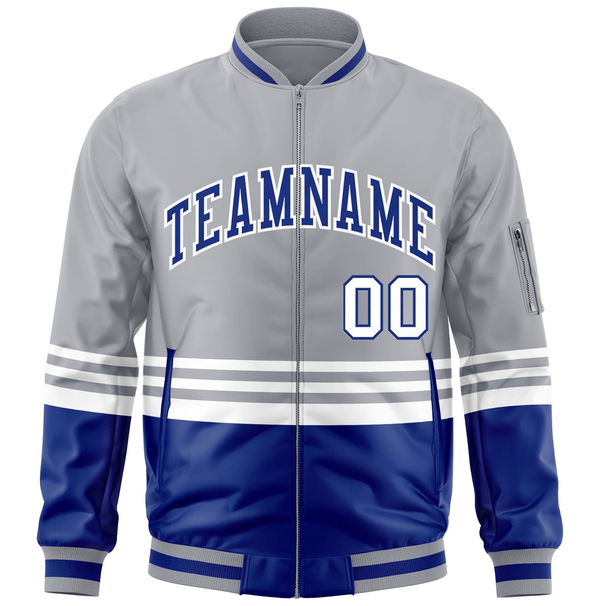 Custom Gray Royal-White Varsity Full-Zip Color Block Letterman Bomber Jacket