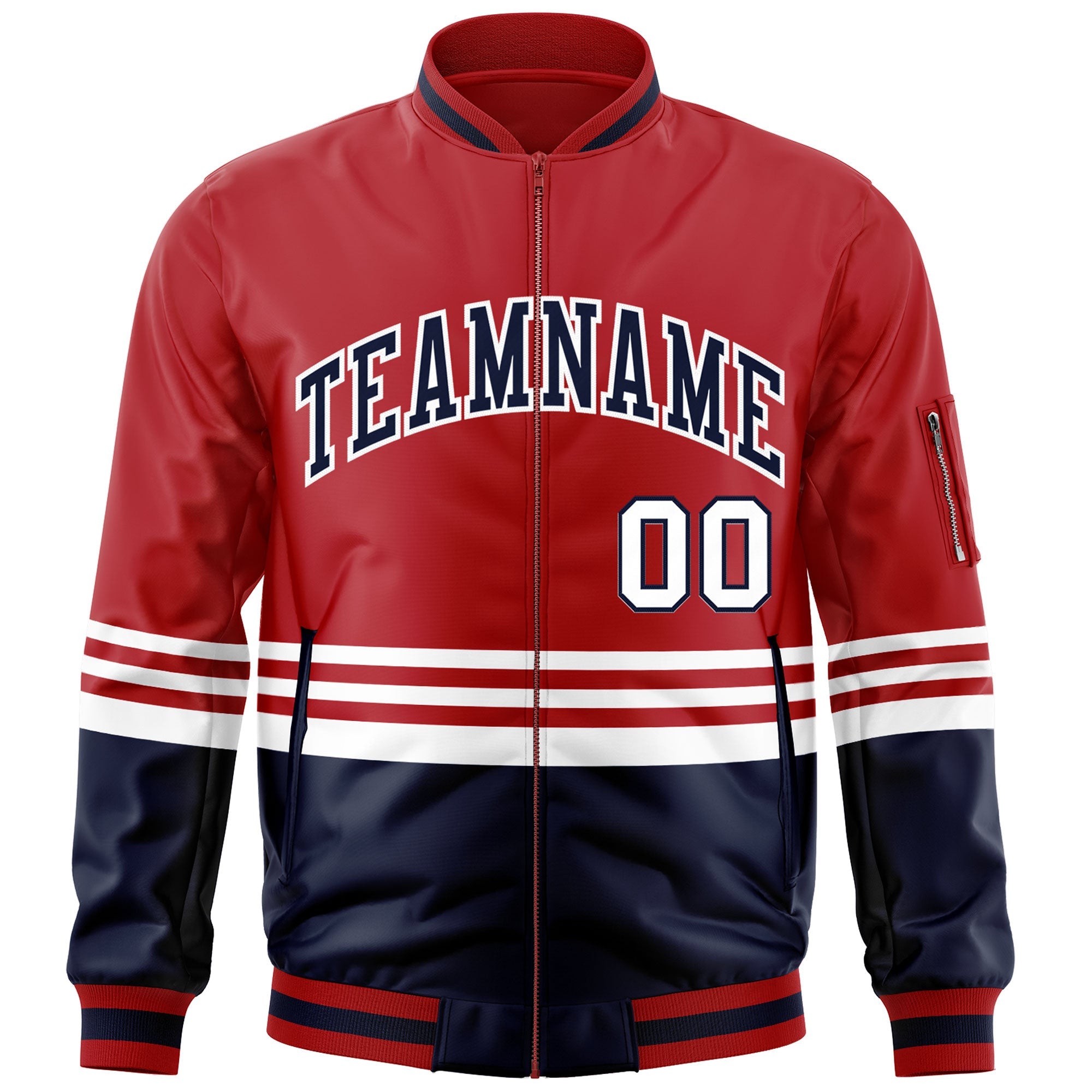 Custom Red Navy-White Varsity Full-Zip Color Block Letterman Bomber Jacket