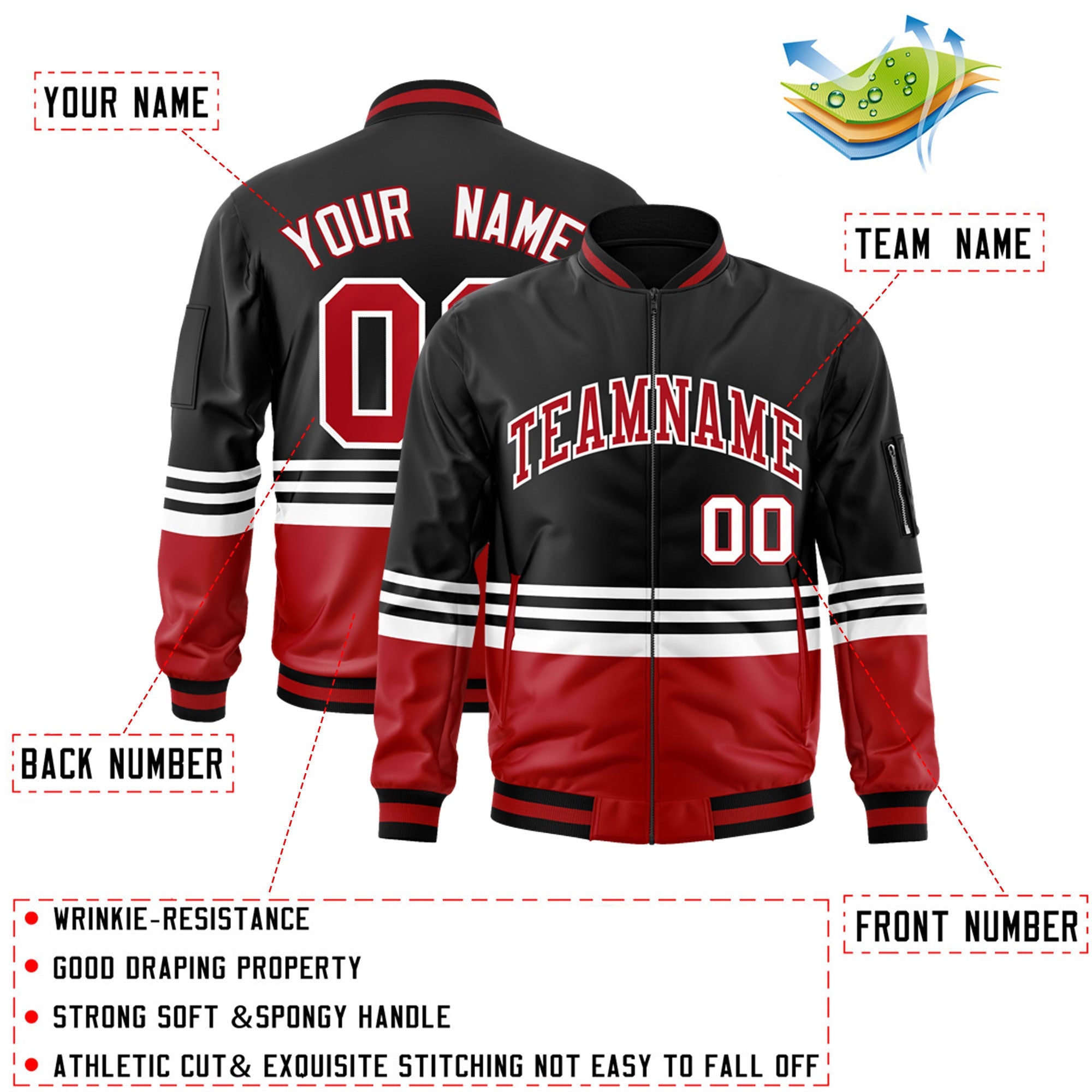 Custom Black Red-White Varsity Full-Zip Color Block Letterman Bomber Jacket