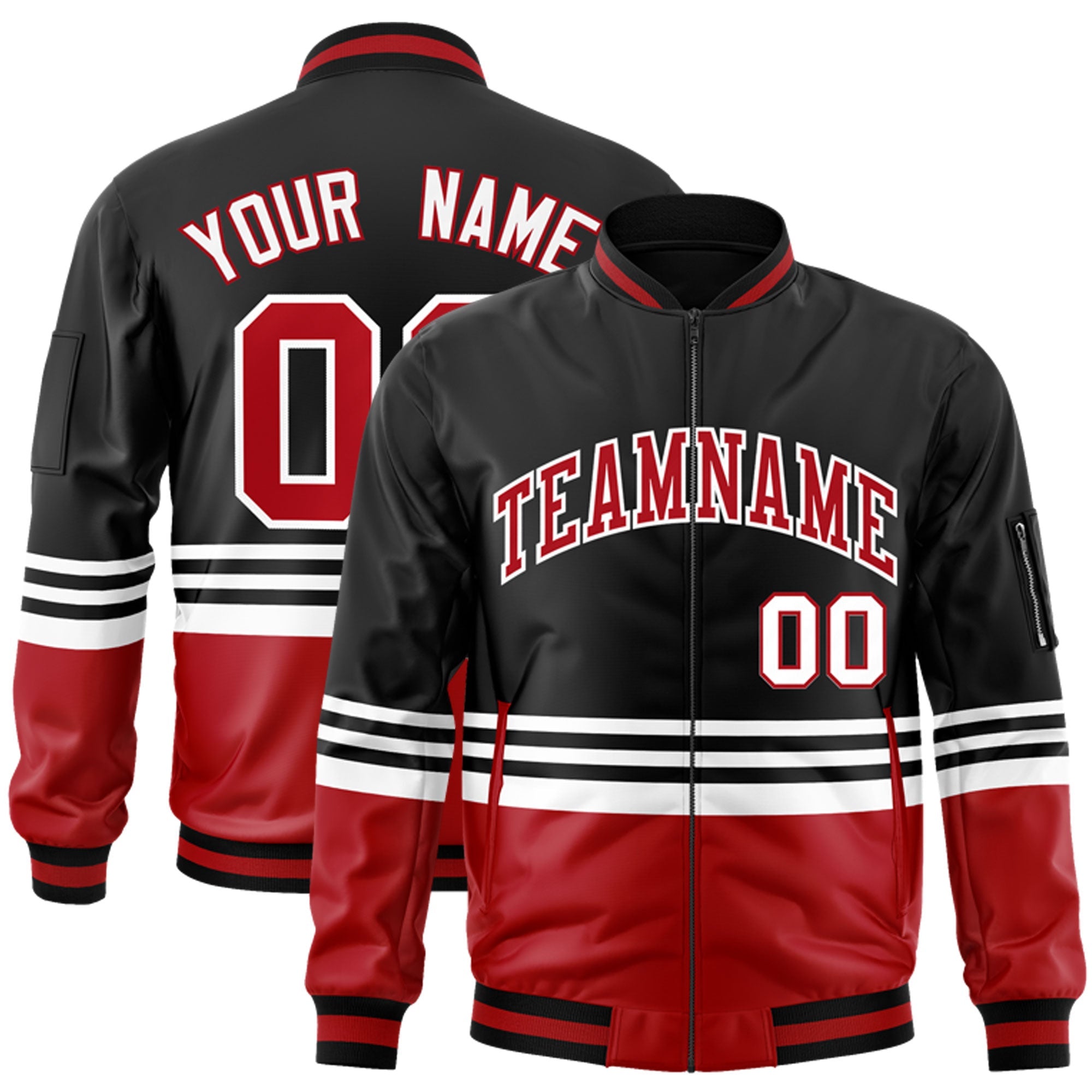 Custom Black Red-White Varsity Full-Zip Color Block Letterman Bomber Jacket