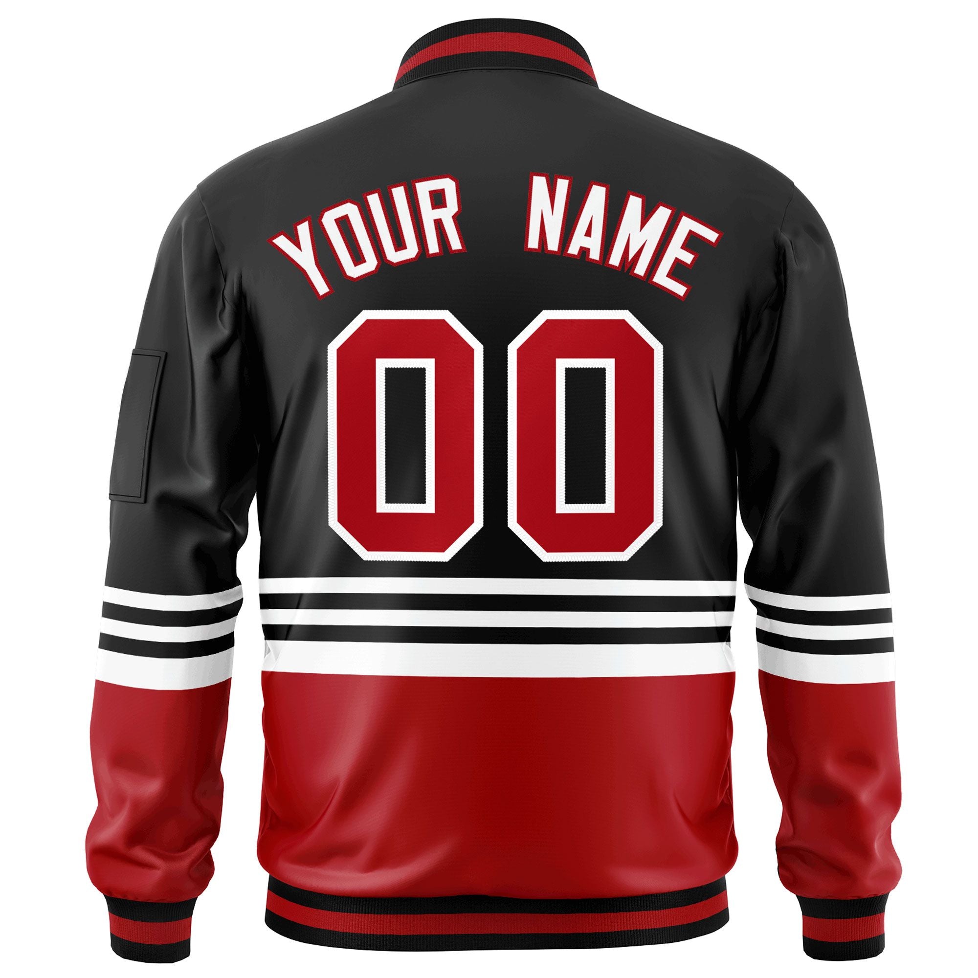 Custom Black Red-White Varsity Full-Zip Color Block Letterman Bomber Jacket