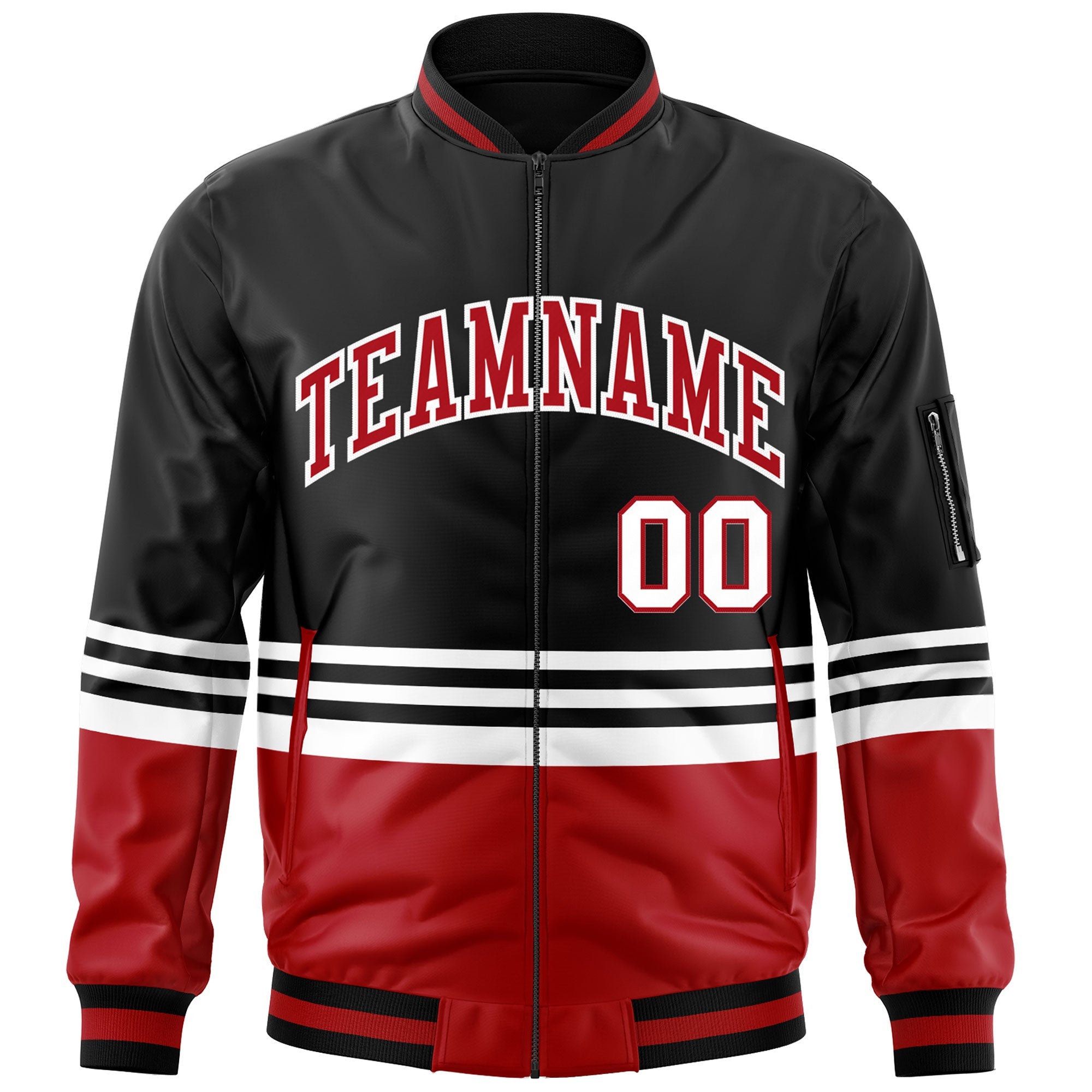 Custom Black Red-White Varsity Full-Zip Color Block Letterman Bomber Jacket