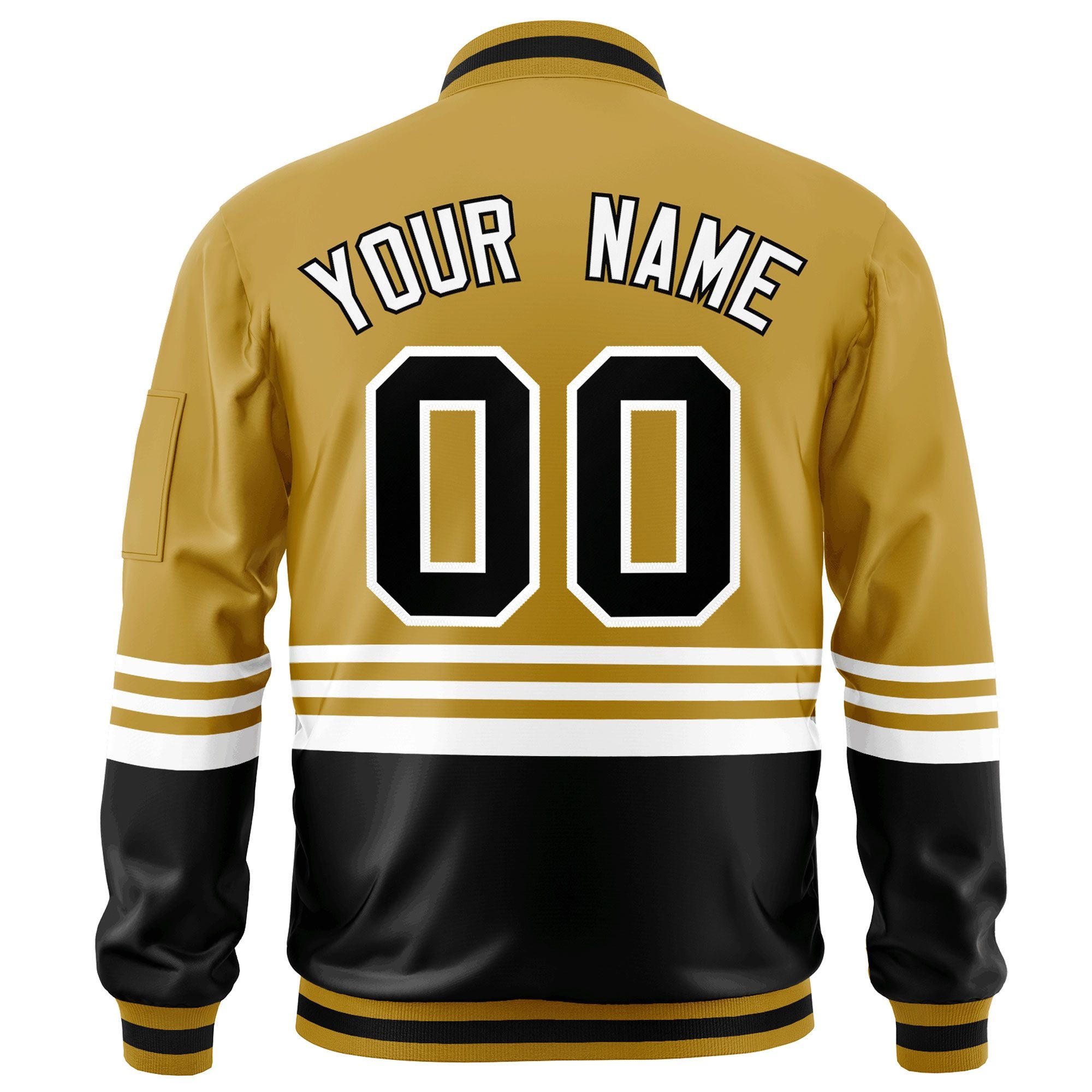 Custom Old Gold Black-White Varsity Full-Zip Color Block Letterman Bomber Jacket