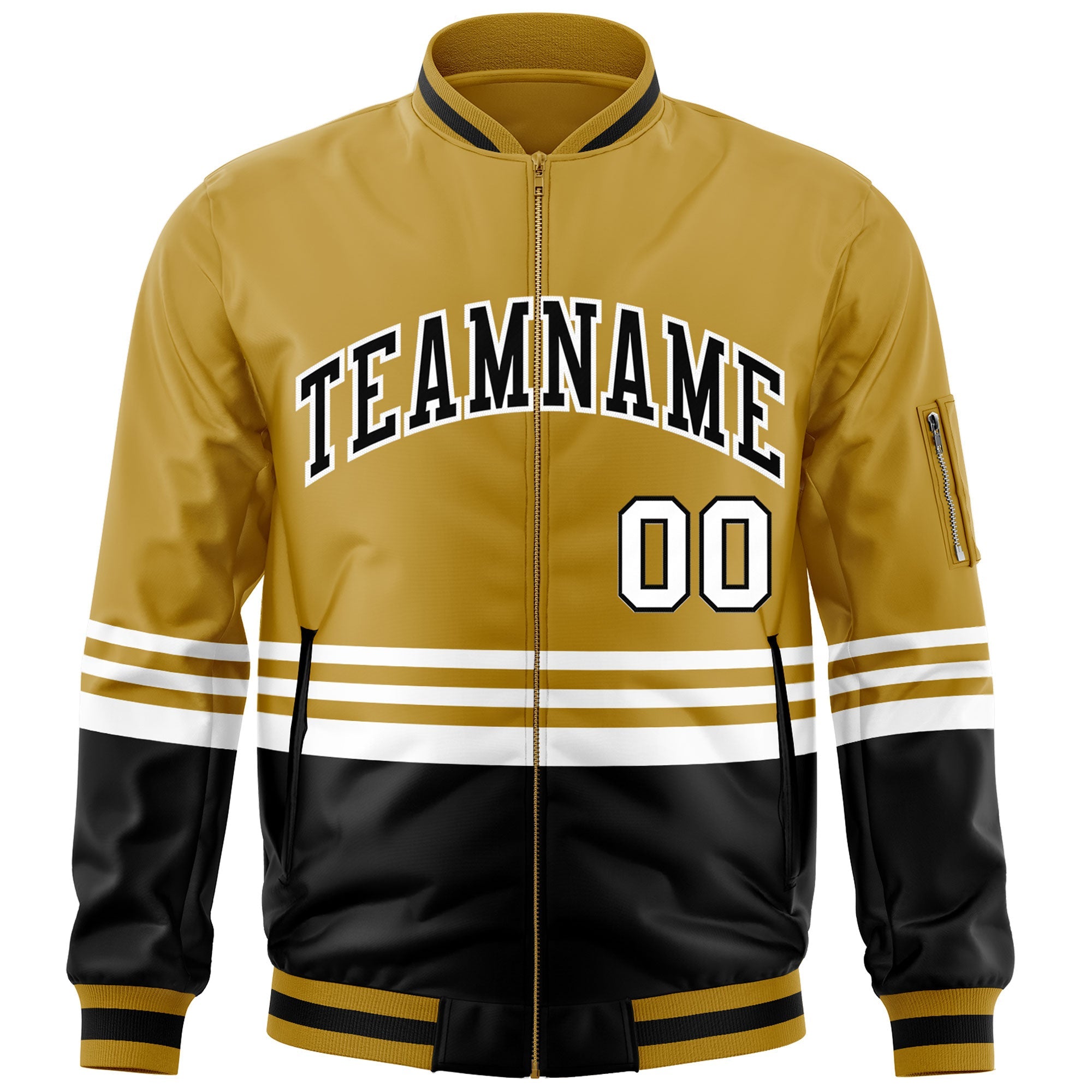 Custom Old Gold Black-White Varsity Full-Zip Color Block Letterman Bomber Jacket