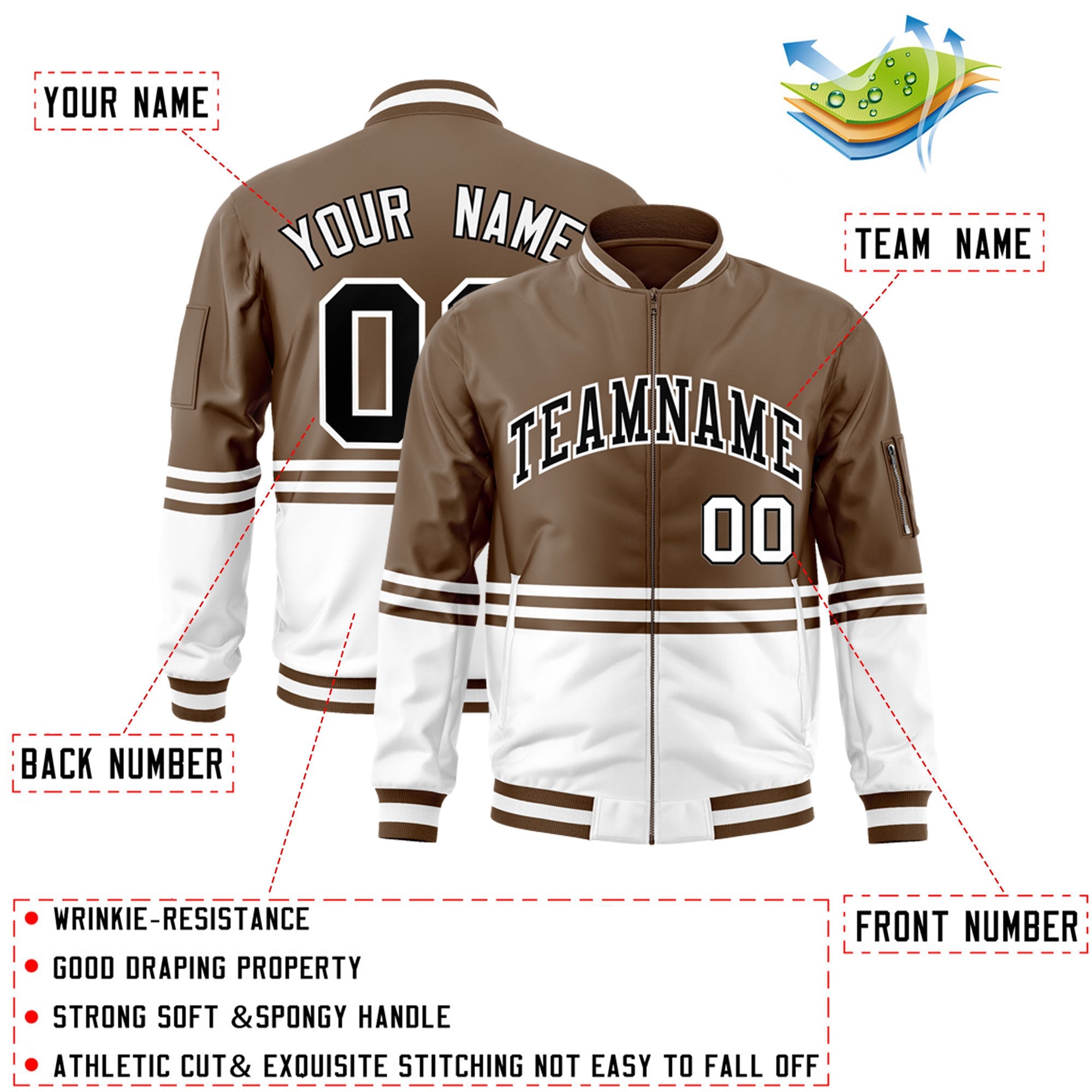 Custom Brown Black-White Varsity Full-Zip Color Block Letterman Bomber Jacket