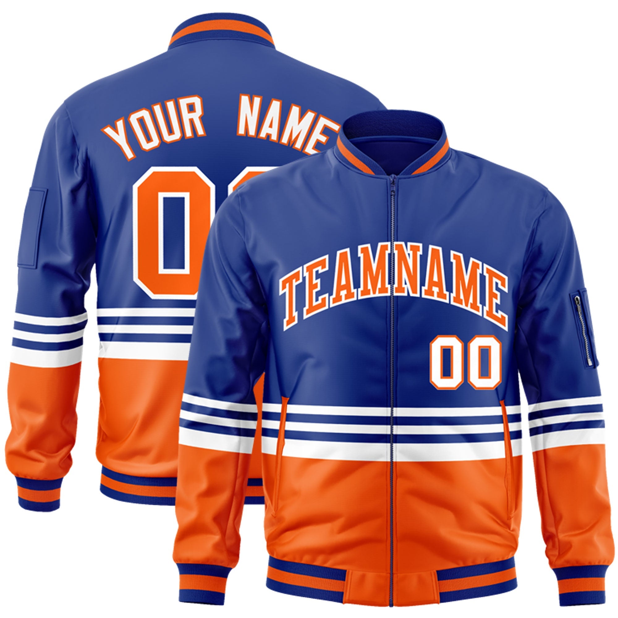 Custom Royal Orange-White Varsity Full-Zip Color Block Letterman Bomber Jacket