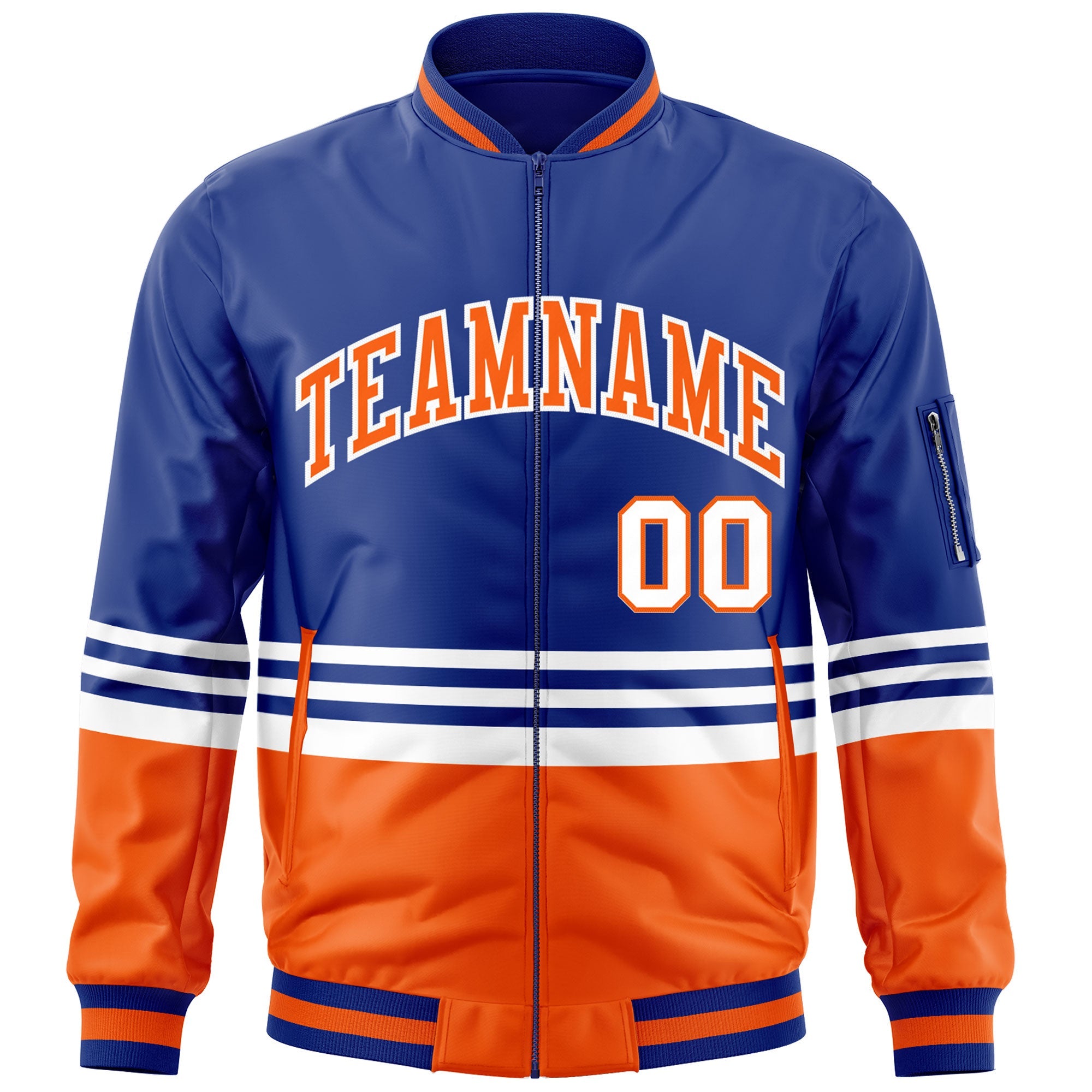 Custom Royal Orange-White Varsity Full-Zip Color Block Letterman Bomber Jacket