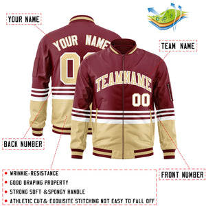 Custom Crimson Khaki-White Varsity Full-Zip Color Block Letterman Bomber Jacket