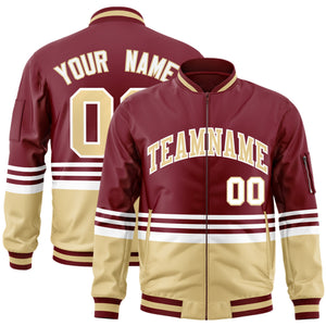 Custom Crimson Khaki-White Varsity Full-Zip Color Block Letterman Bomber Jacket