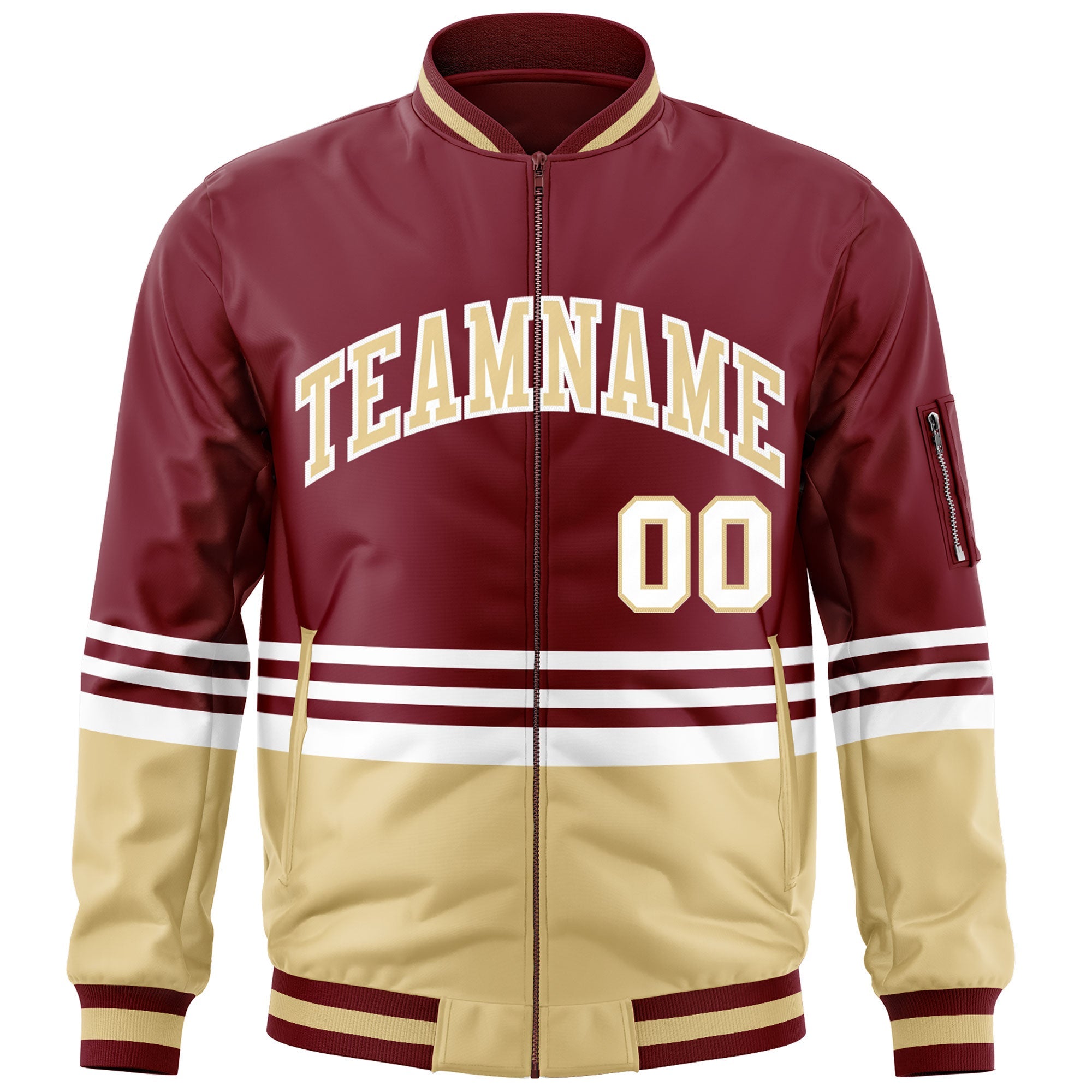 Custom Crimson Khaki-White Varsity Full-Zip Color Block Letterman Bomber Jacket