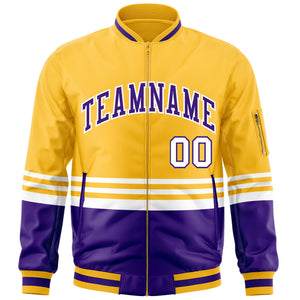 Custom Gold Purple-White Varsity Full-Zip Color Block Letterman Bomber Jacket