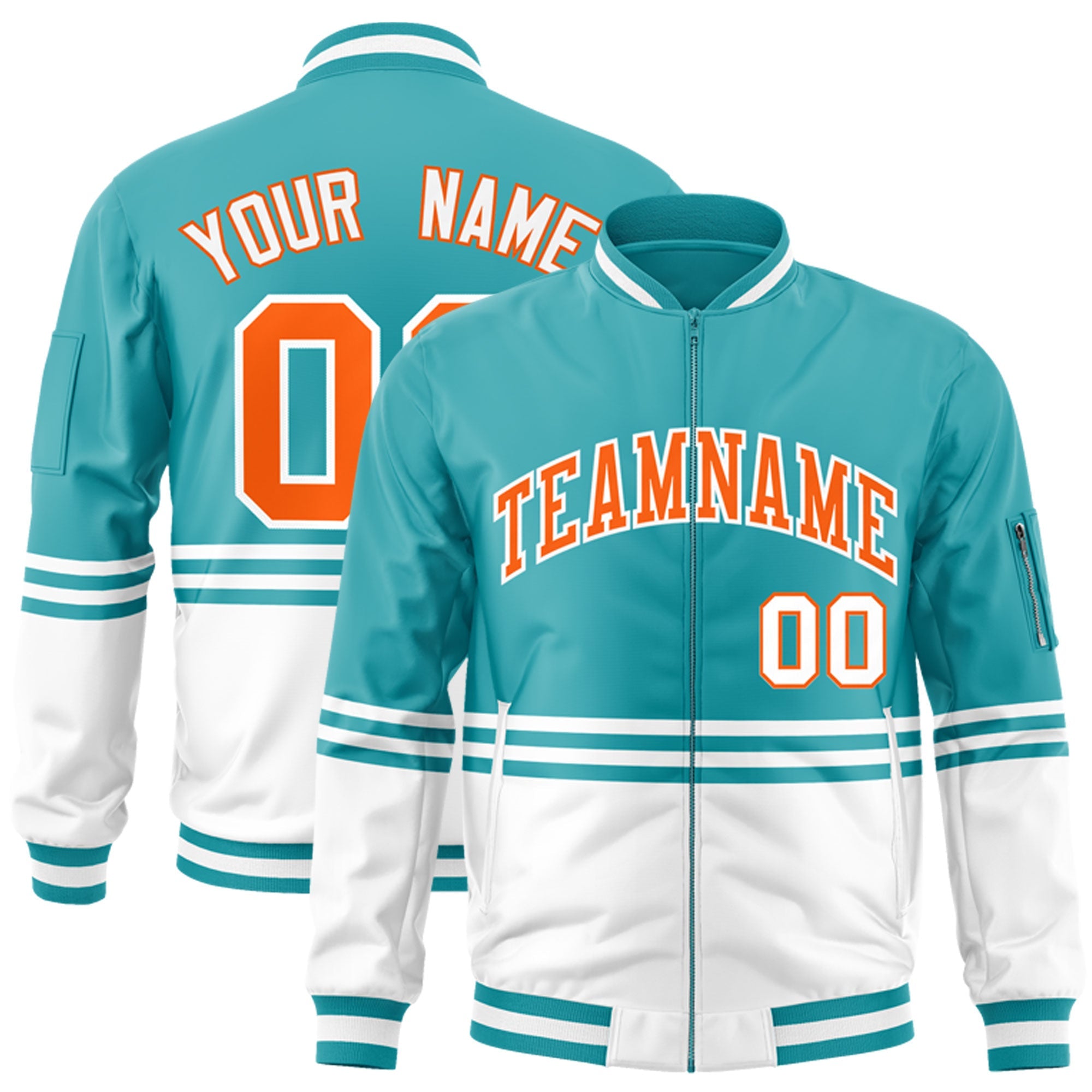 Custom Aqua Orange-White Varsity Full-Zip Color Block Letterman Bomber Jacket