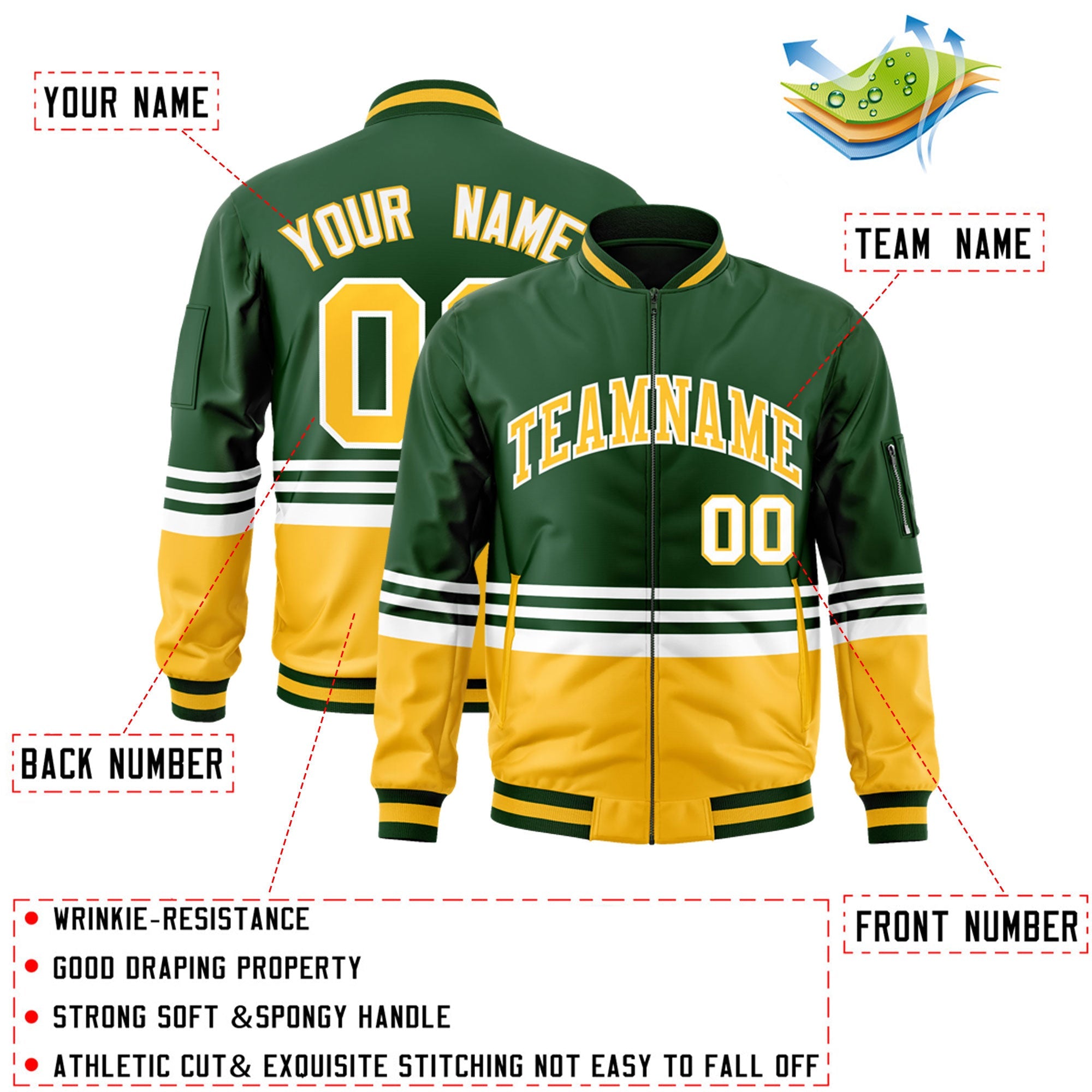 Custom Green Gold-White Varsity Full-Zip Color Block Letterman Bomber Jacket