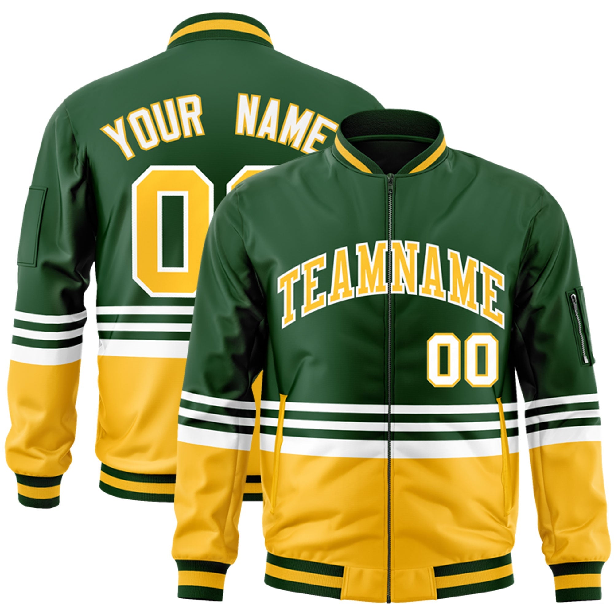 Custom Green Gold-White Varsity Full-Zip Color Block Letterman Bomber Jacket