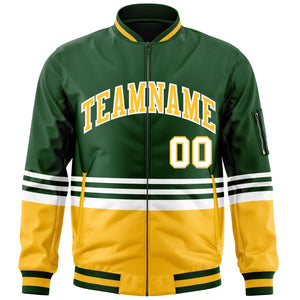 Custom Green Gold-White Varsity Full-Zip Color Block Letterman Bomber Jacket