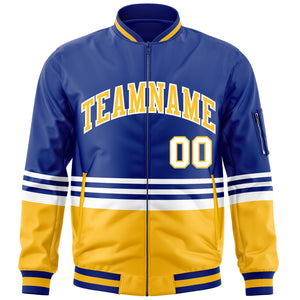 Custom Royal Gold-White Varsity Full-Zip Color Block Letterman Bomber Jacket