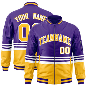 Custom Purple Gold-White Varsity Full-Zip Color Block Letterman Bomber Jacket