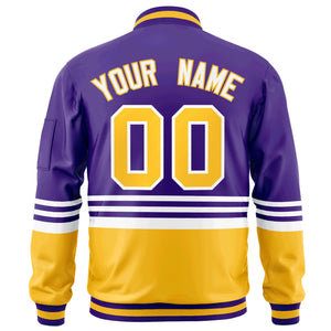 Custom Purple Gold-White Varsity Full-Zip Color Block Letterman Bomber Jacket