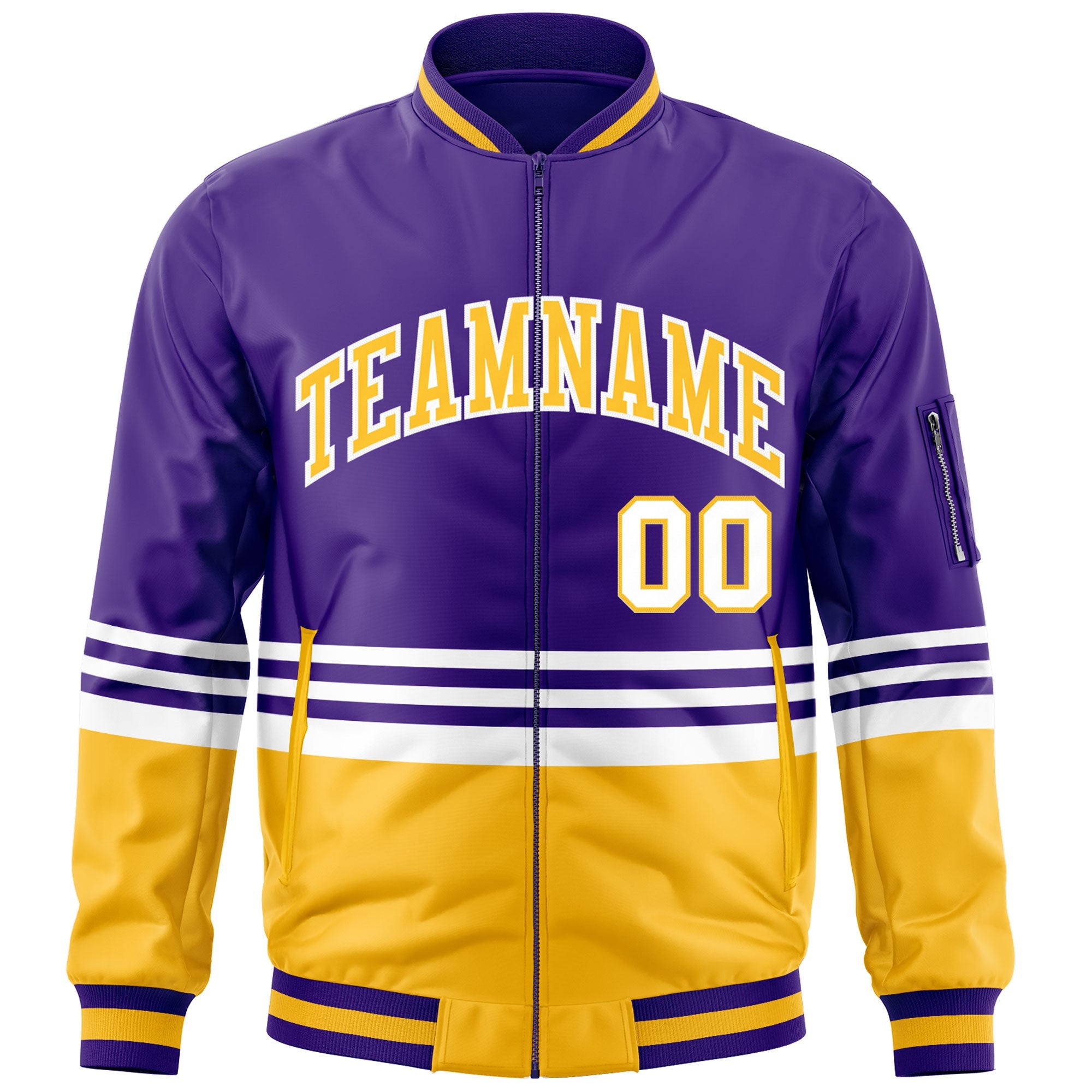 Custom Purple Gold-White Varsity Full-Zip Color Block Letterman Bomber Jacket