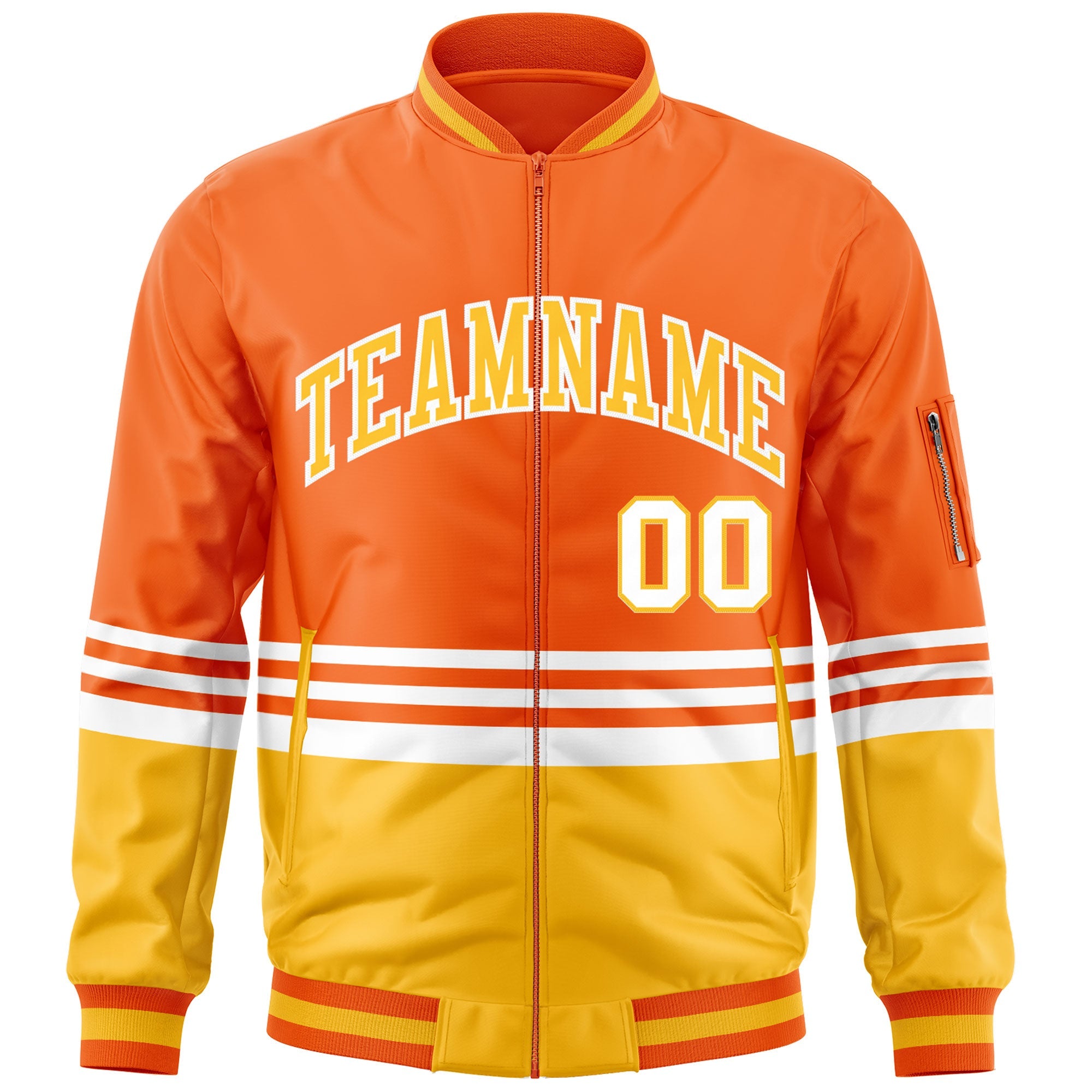 Custom Orange Gold-White Varsity Full-Zip Color Block Letterman Bomber Jacket