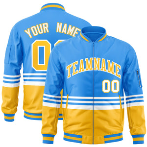 Custom Powder Blue Gold-White Varsity Full-Zip Color Block Letterman Bomber Jacket