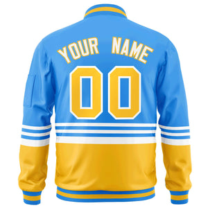 Custom Powder Blue Gold-White Varsity Full-Zip Color Block Letterman Bomber Jacket