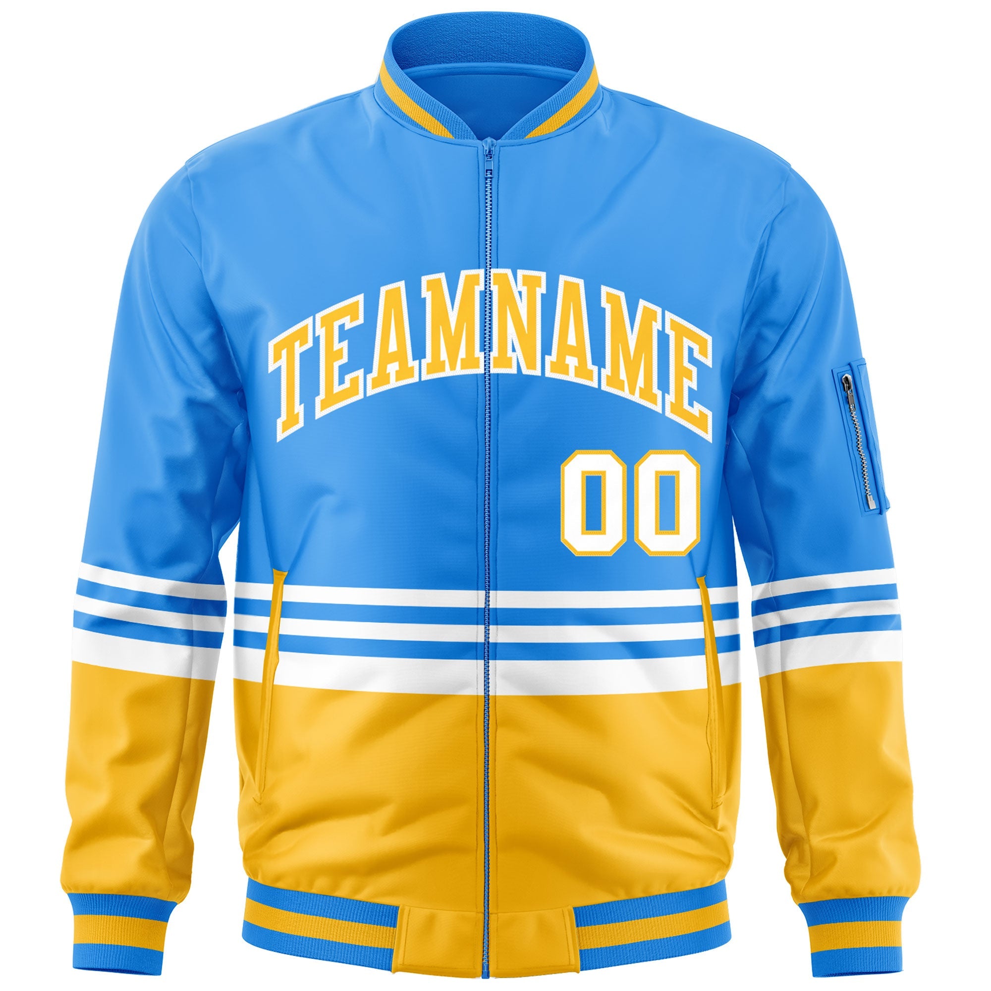 Custom Powder Blue Gold-White Varsity Full-Zip Color Block Letterman Bomber Jacket