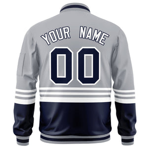 Custom Gray Navy-White Varsity Full-Zip Color Block Letterman Bomber Jacket